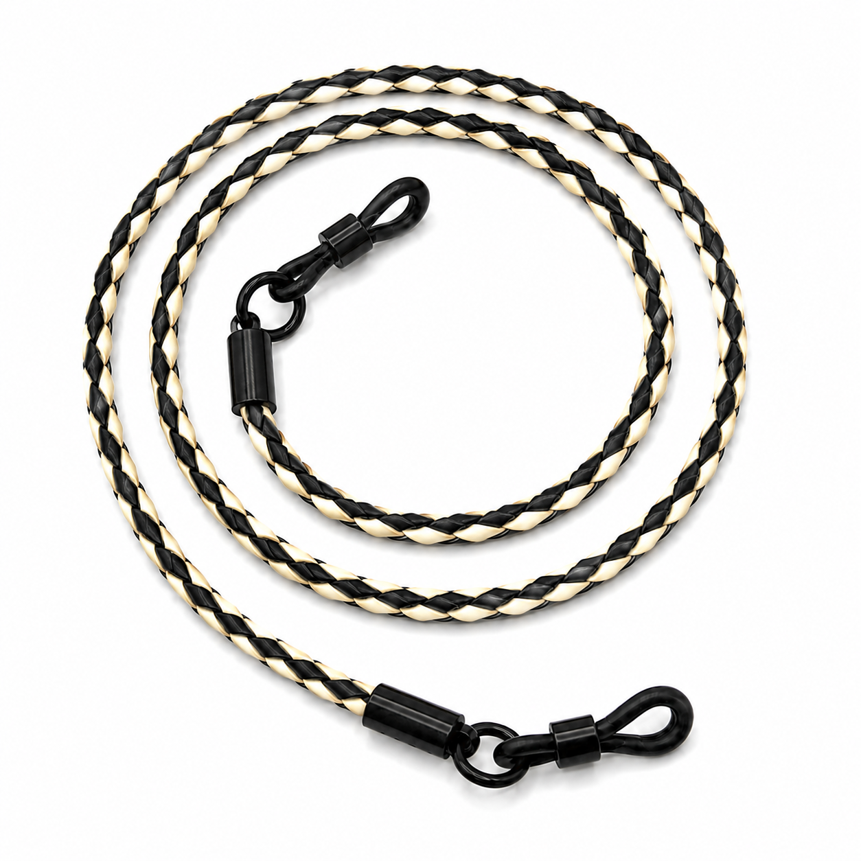 Cordon à lunettes en cuir véritable tressé – Noir et naturel
