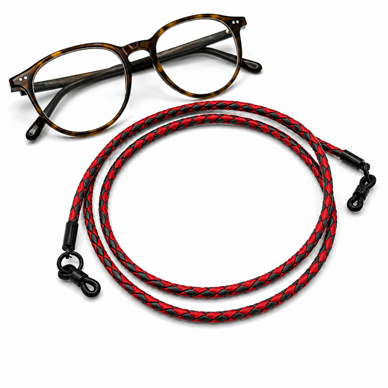 Cordon à lunettes en cuir véritable tressé – Noir et rouge