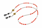 Brillenkette aus Rocailles & Metallperlen – Silbergrau-Rot