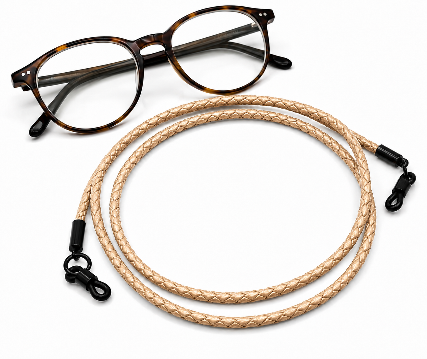 Cordon à lunettes en cuir véritable tressé – Naturel