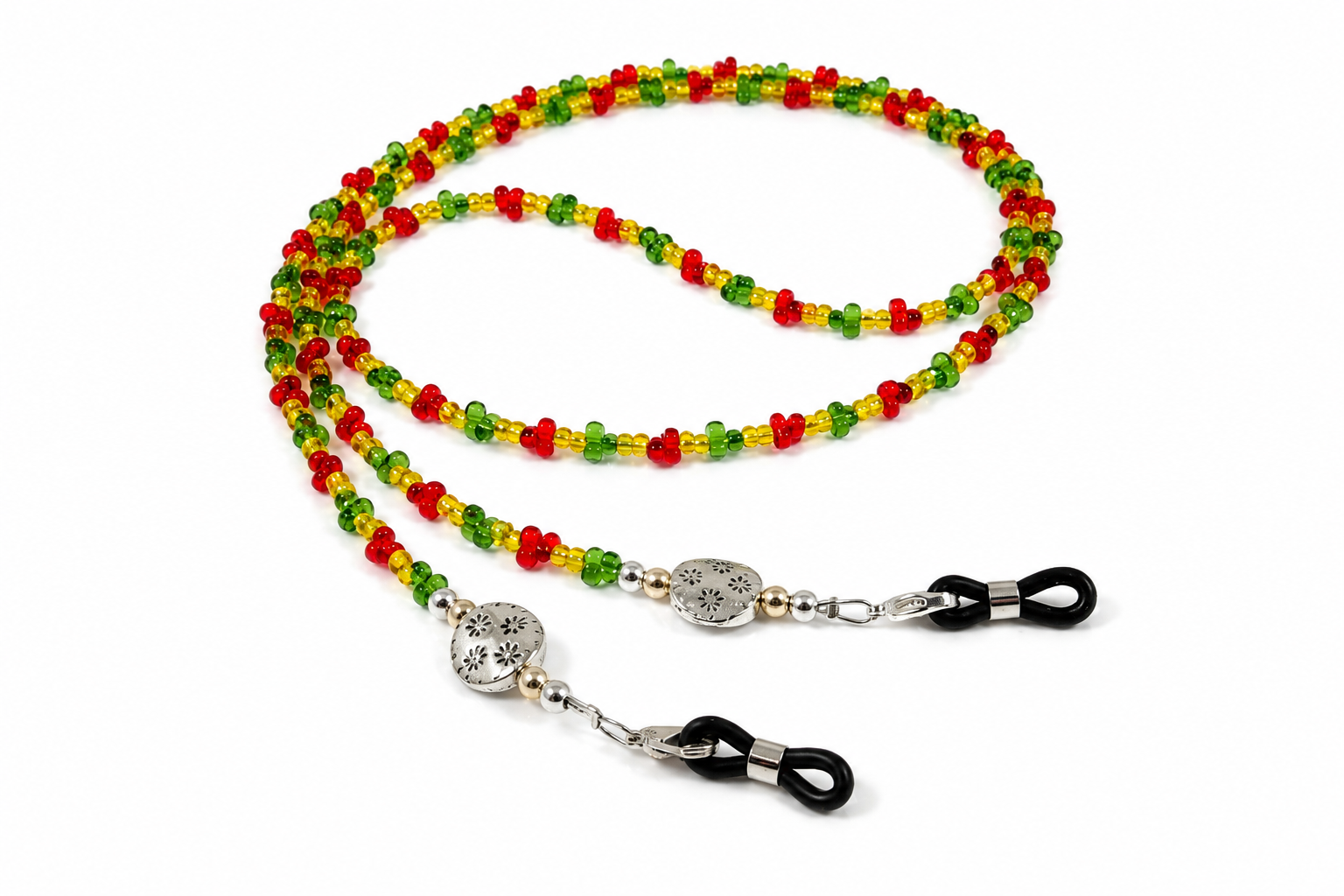 Brillenkette aus Schmetterlingsperlen & Rocailles – Gold-Rot-Grün
