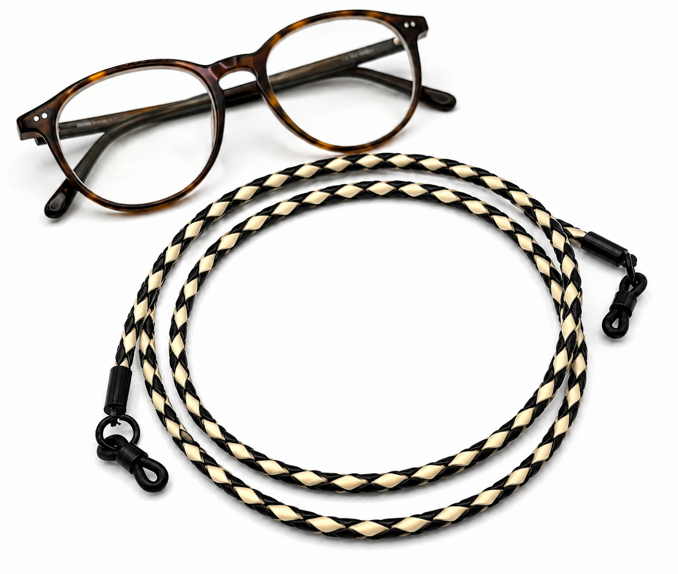 Cordon à lunettes en cuir véritable tressé – Noir et naturel
