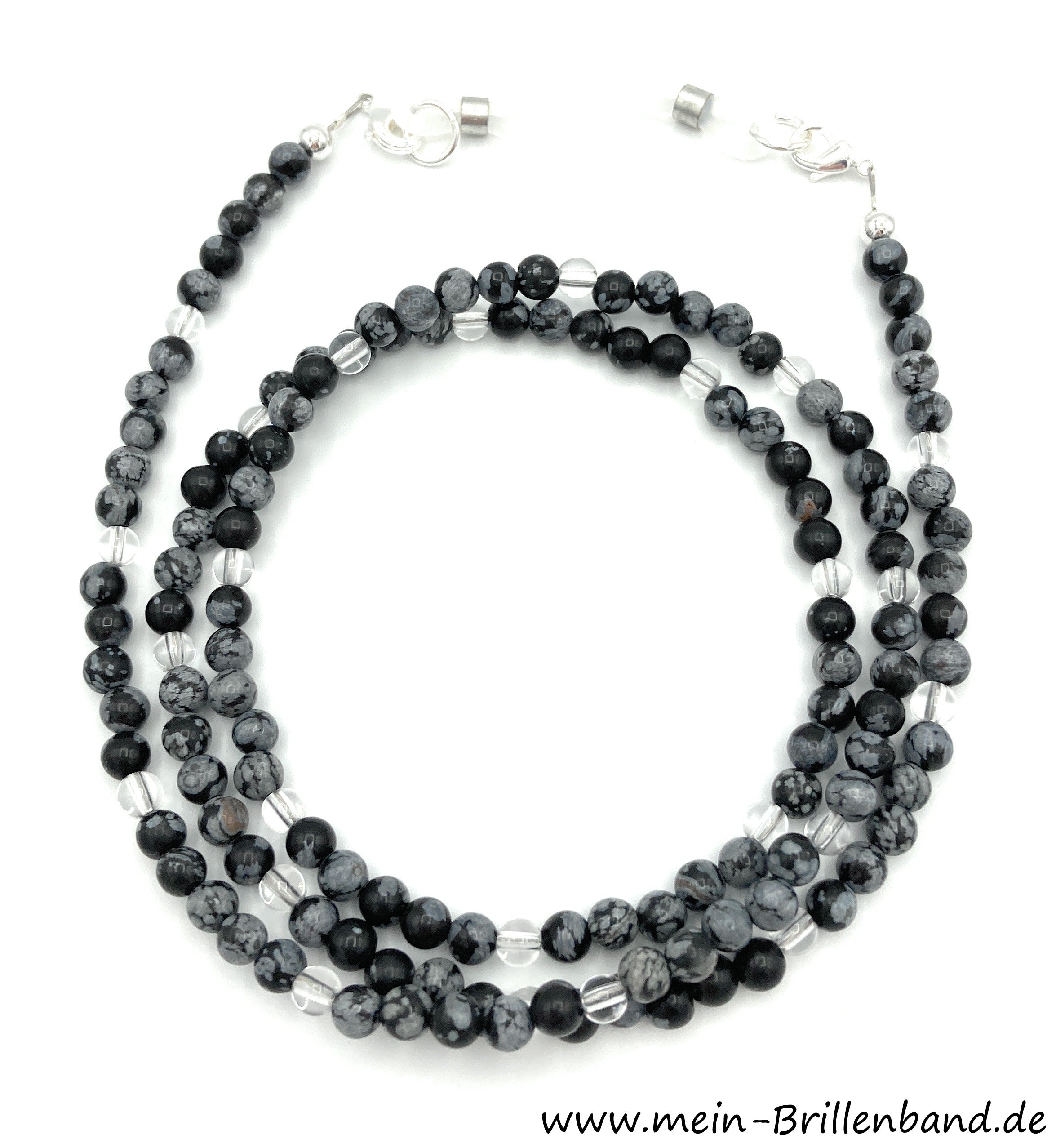 Brillenkette aus Schneeflocken-Obsidian & Bergkristall – Schwarz-Grau-Farblos