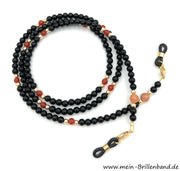 Brillenkette - Brillenband aus Edelsteinen Onyx-Karneol-Quarz "schwarz-orange"