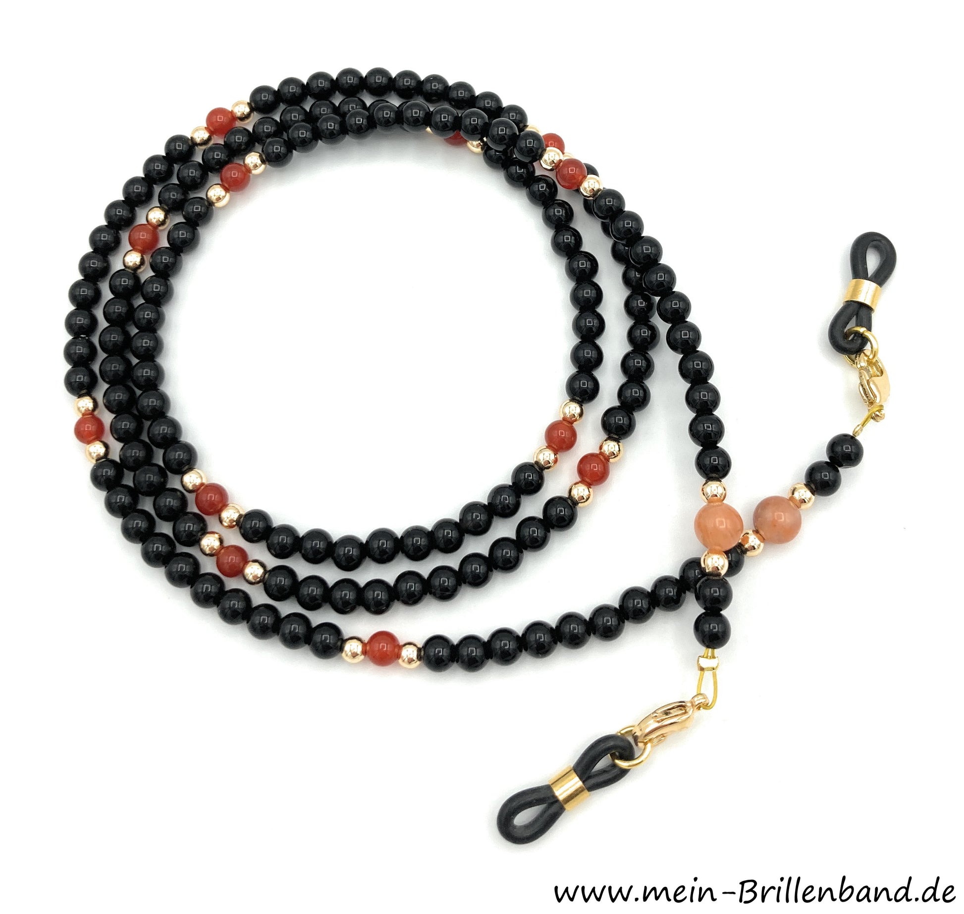 Brillenkette - Brillenband aus Edelsteinen Onyx-Karneol-Quarz "schwarz-orange"