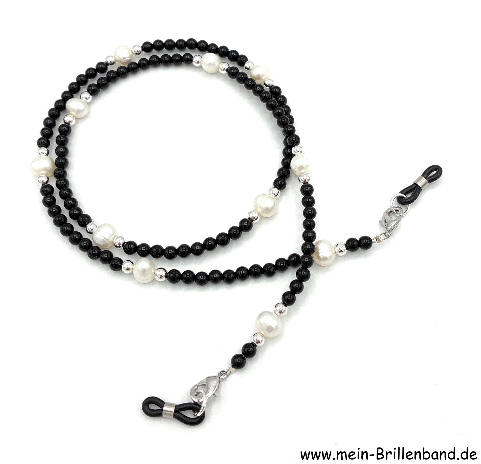 Brillenkette - Brillenband aus Edelsteinen und Süßwasserzuchtperlen "schwarz-weiß"