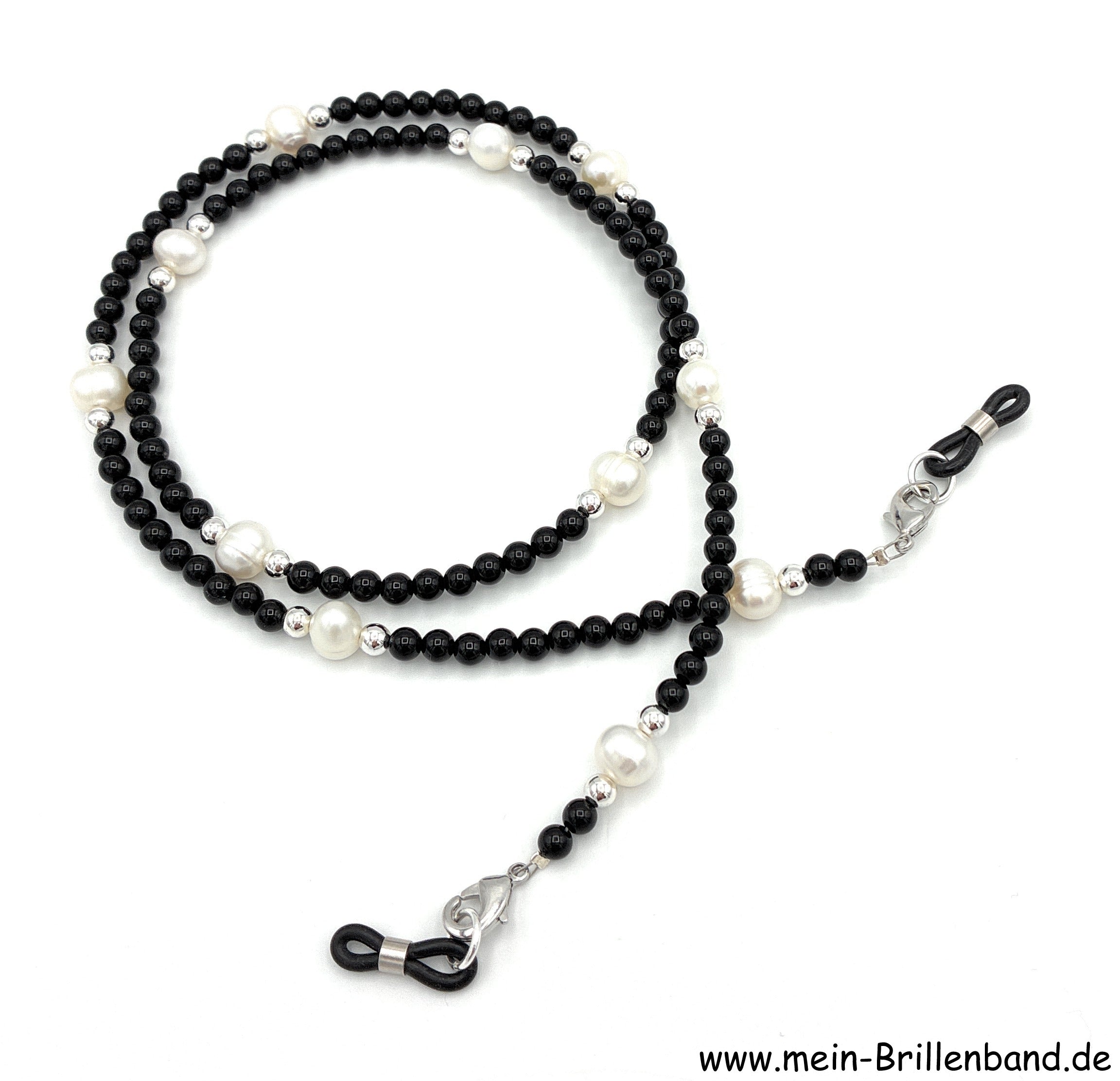 Brillenkette - Brillenband aus Edelsteinen und Süßwasserzuchtperlen "schwarz-weiß"