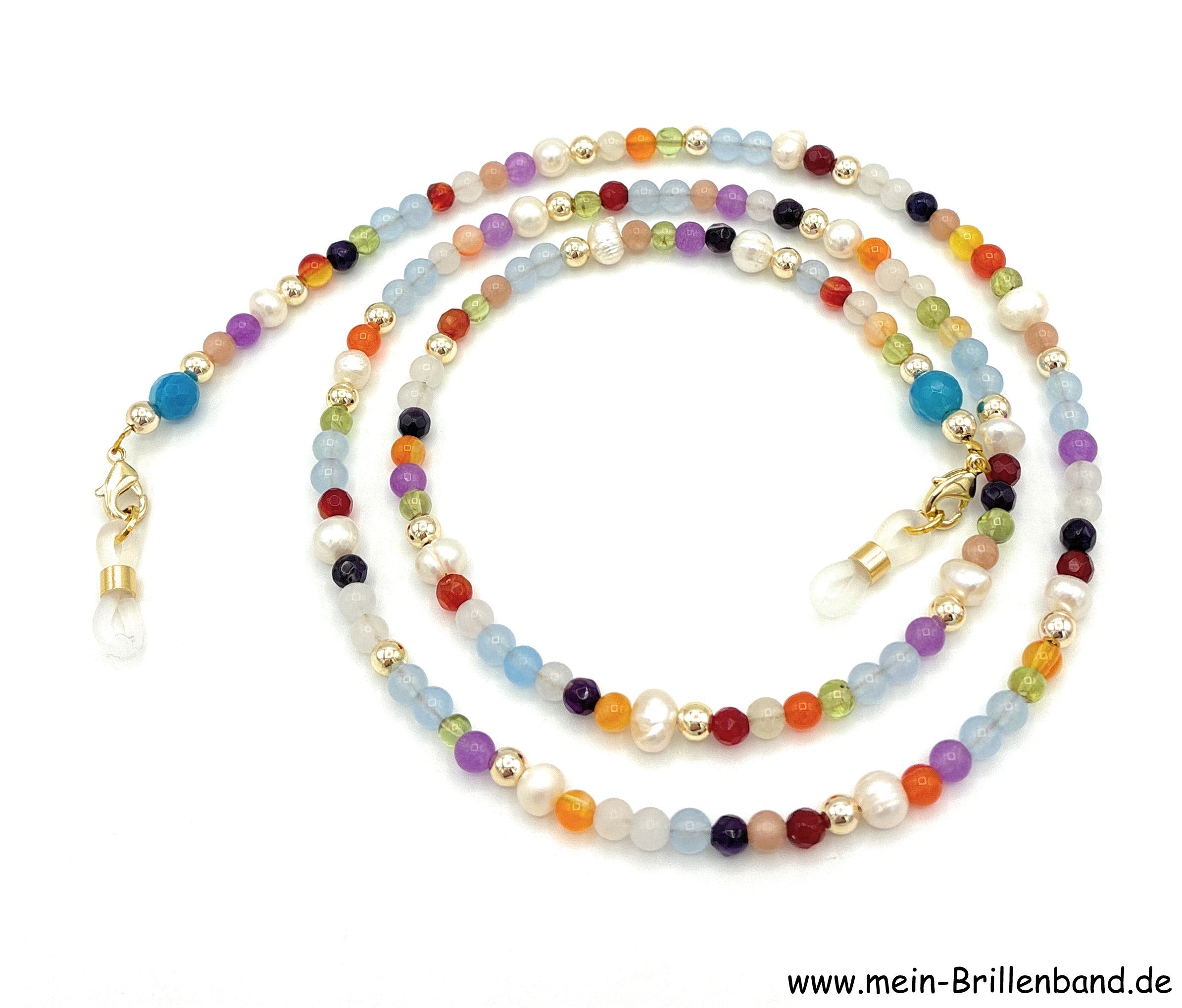 Brillenkette aus Süßwasserzuchtperlen, Mondstein & Peridot – Mehrfarbig
