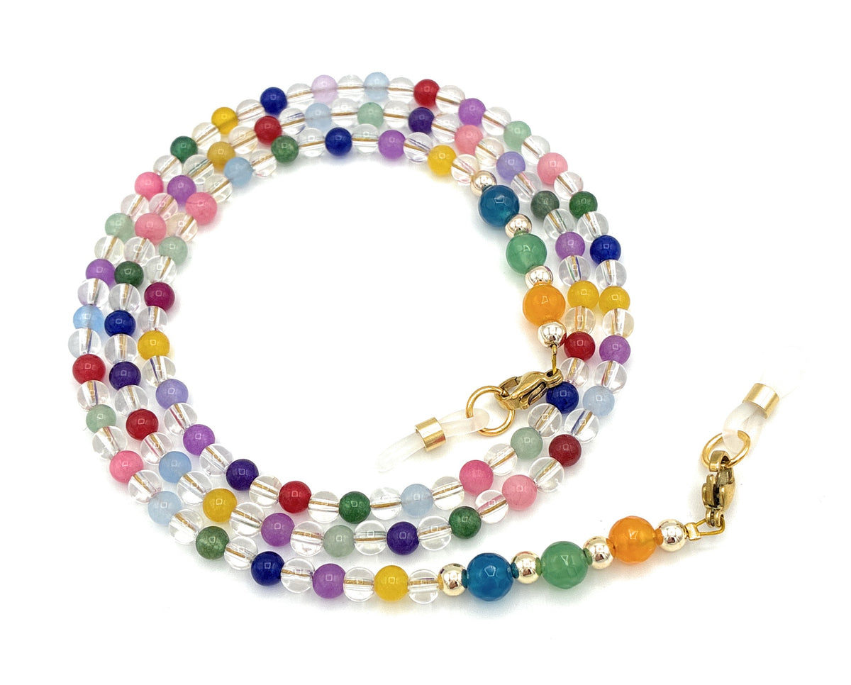 Brillenkette aus Bergkristall, Achat & Jade – Mehrfarbig