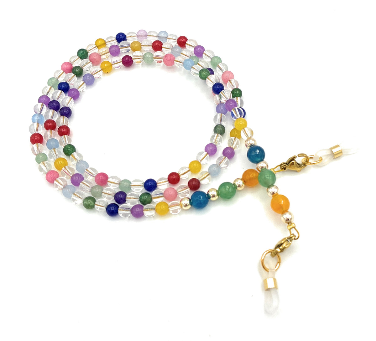 Brillenkette aus Bergkristall, Achat & Jade – Mehrfarbig