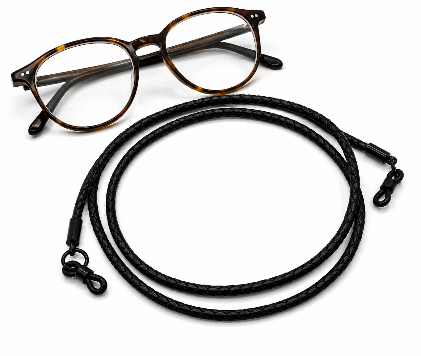 Cordon à lunettes en cuir véritable tressé – Noir
