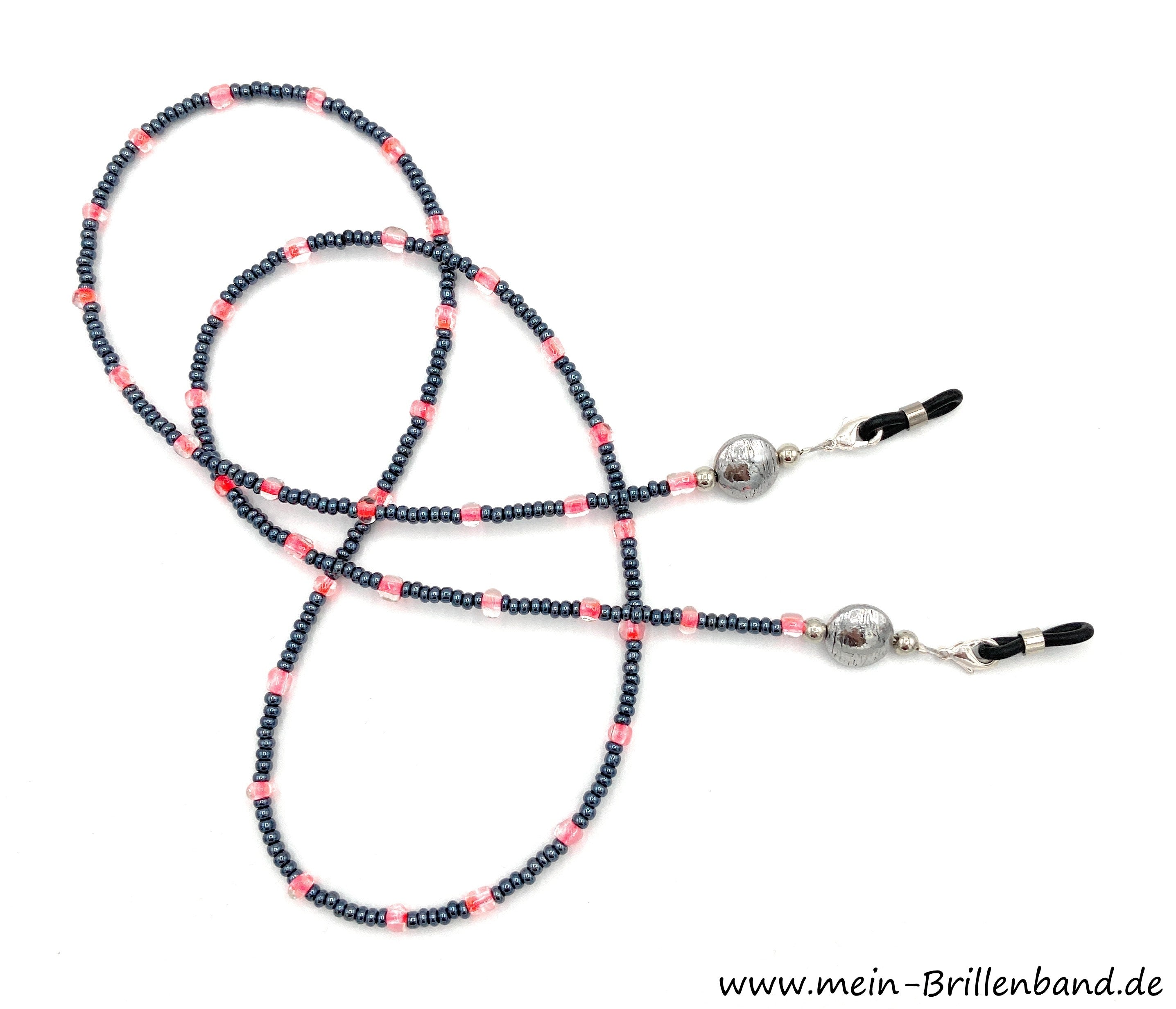 Brillenkette aus Rocailles & Metallperlen – Perlmutt Anthrazit-Rot