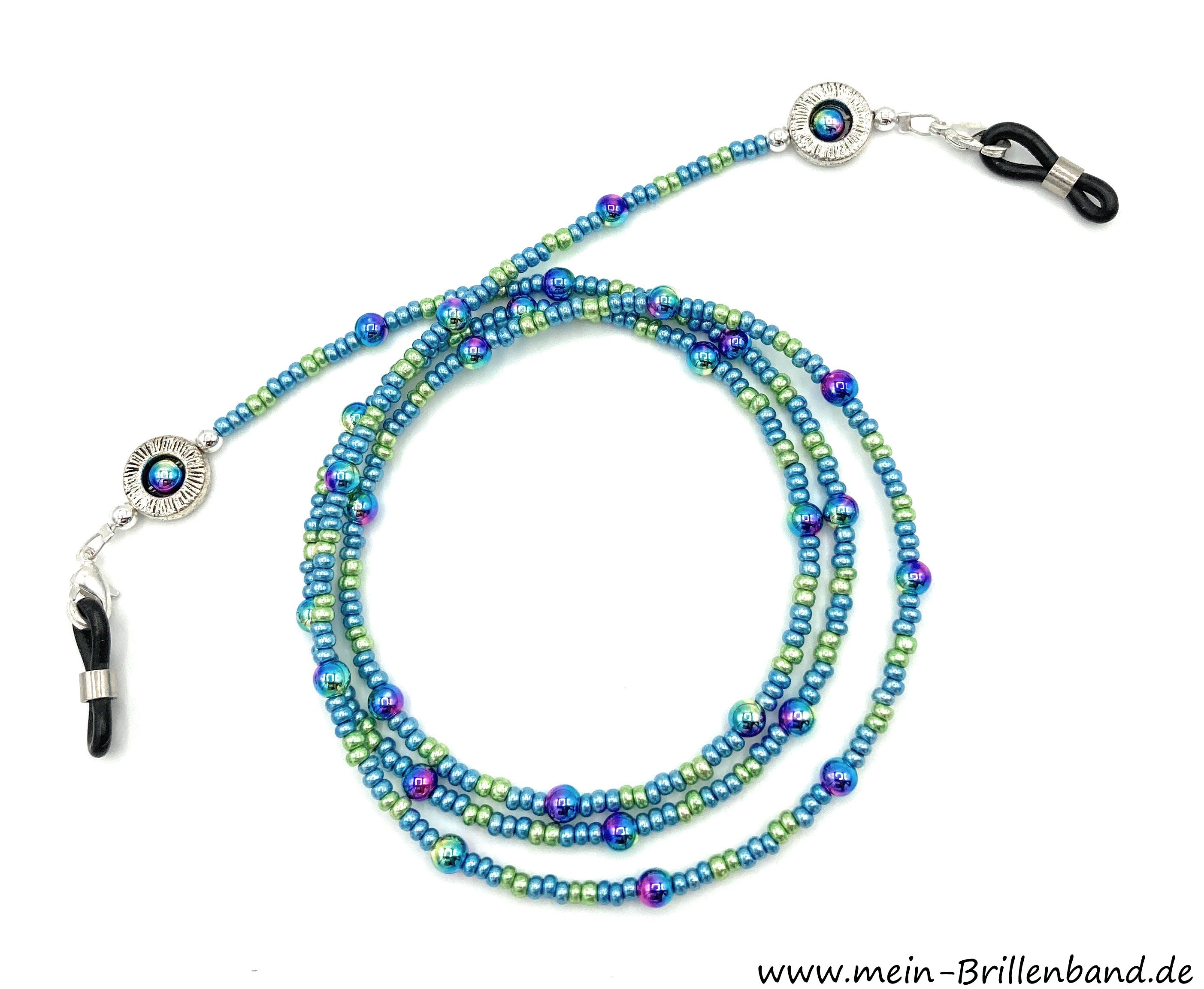 Brillenkette aus Glaswachsperlen & Rocailles – Petrol-Grün