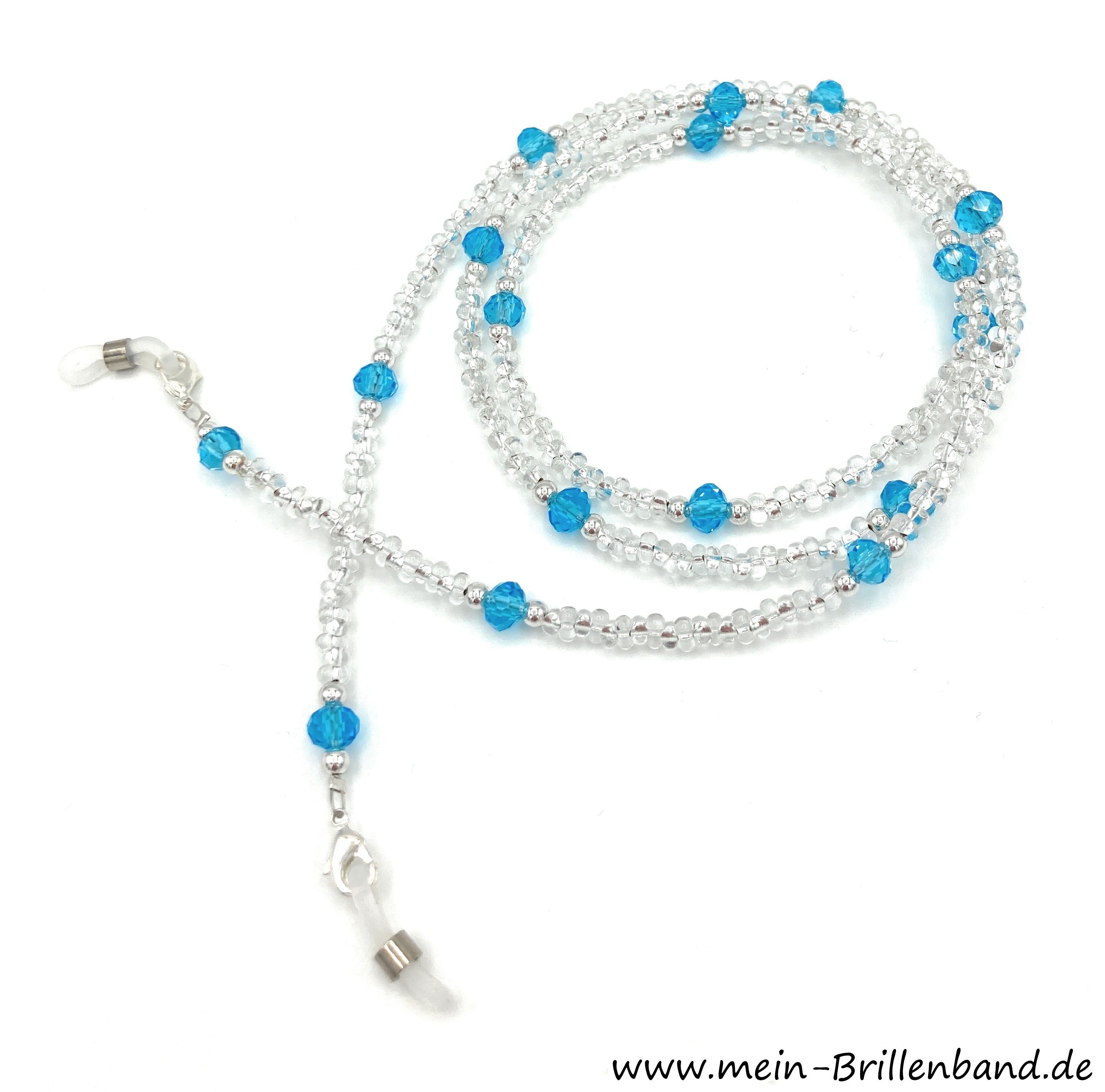 Brillenkette aus Farfalle-Perlen & Glasschliffperlen – Kristall-Blau