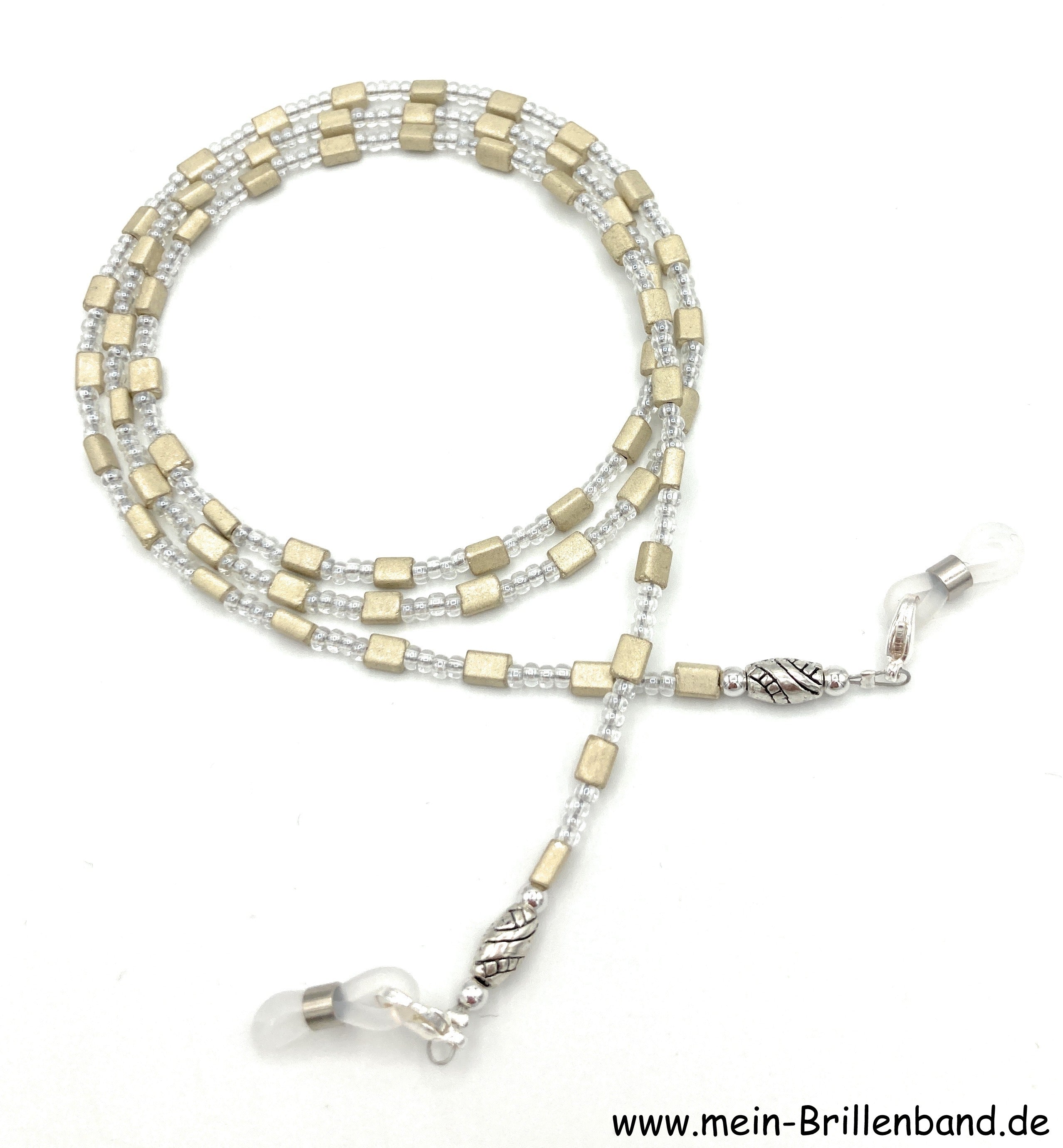 Brillenkette aus Rocailles & Metallperlen – Beige-Kristall