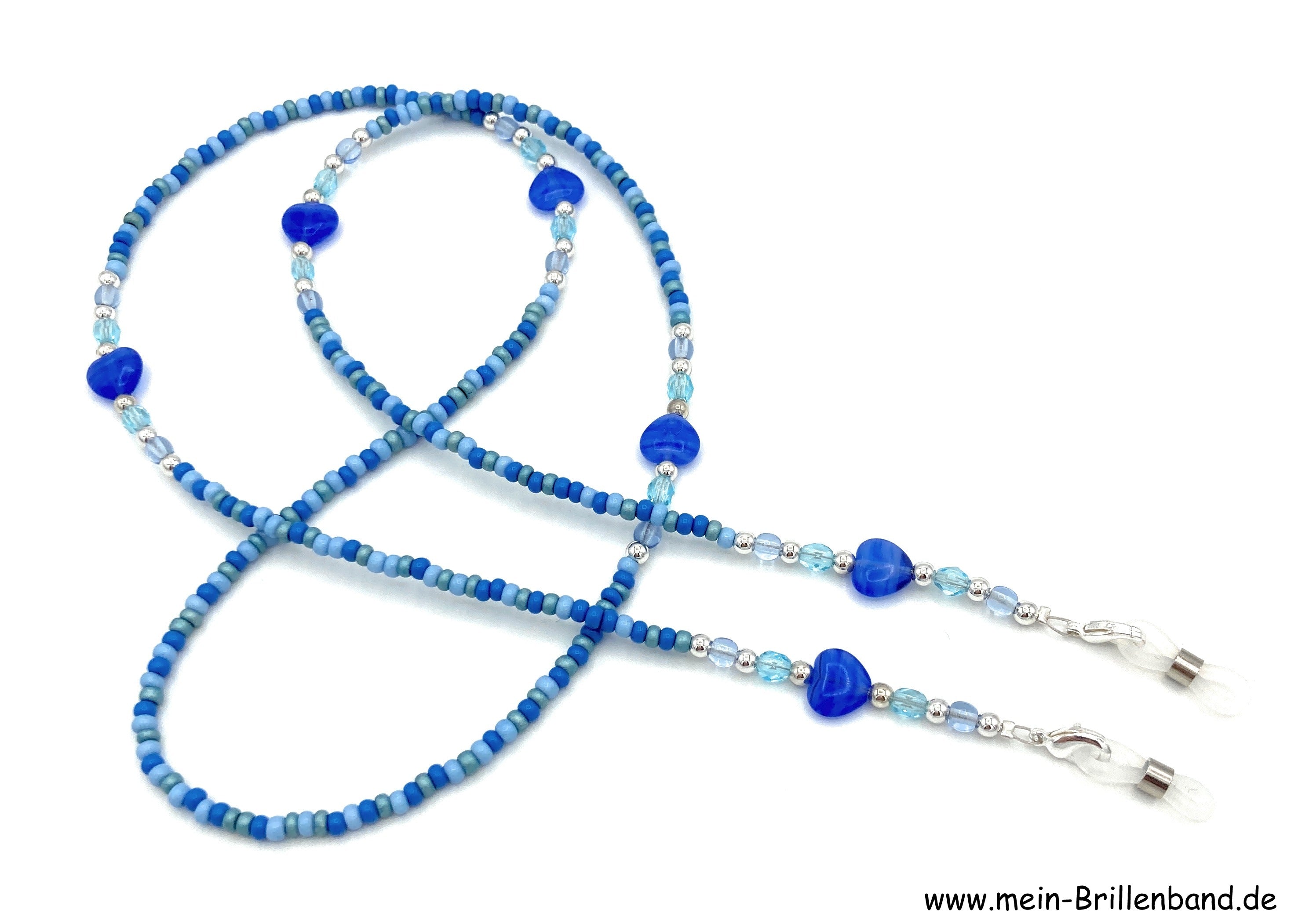 Brillenkette aus Glasschliffperlen & Glasherzen – Blau