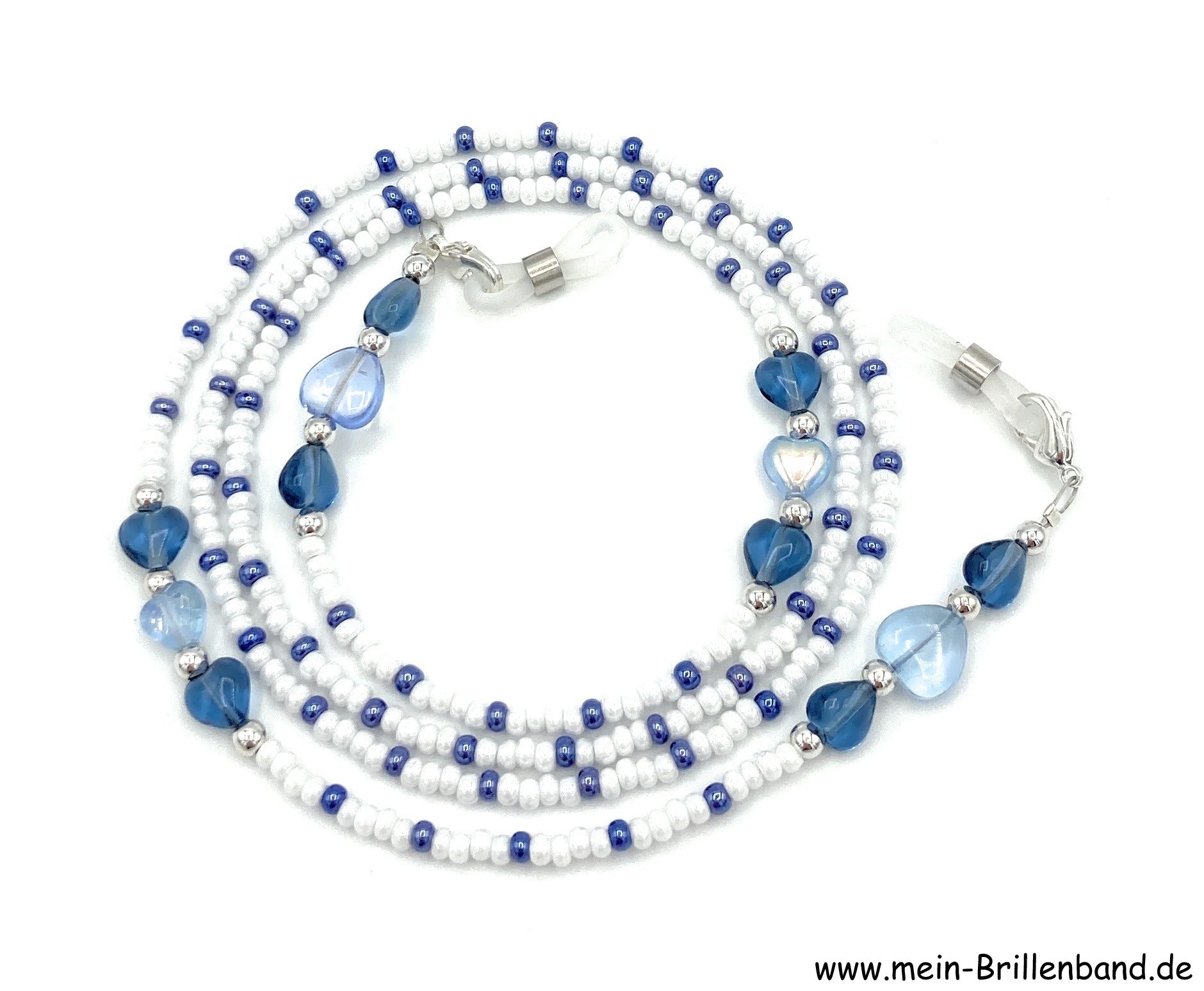 Brillenkette aus Glasherzen & Rocailles – Perlmuttweiß-Blau