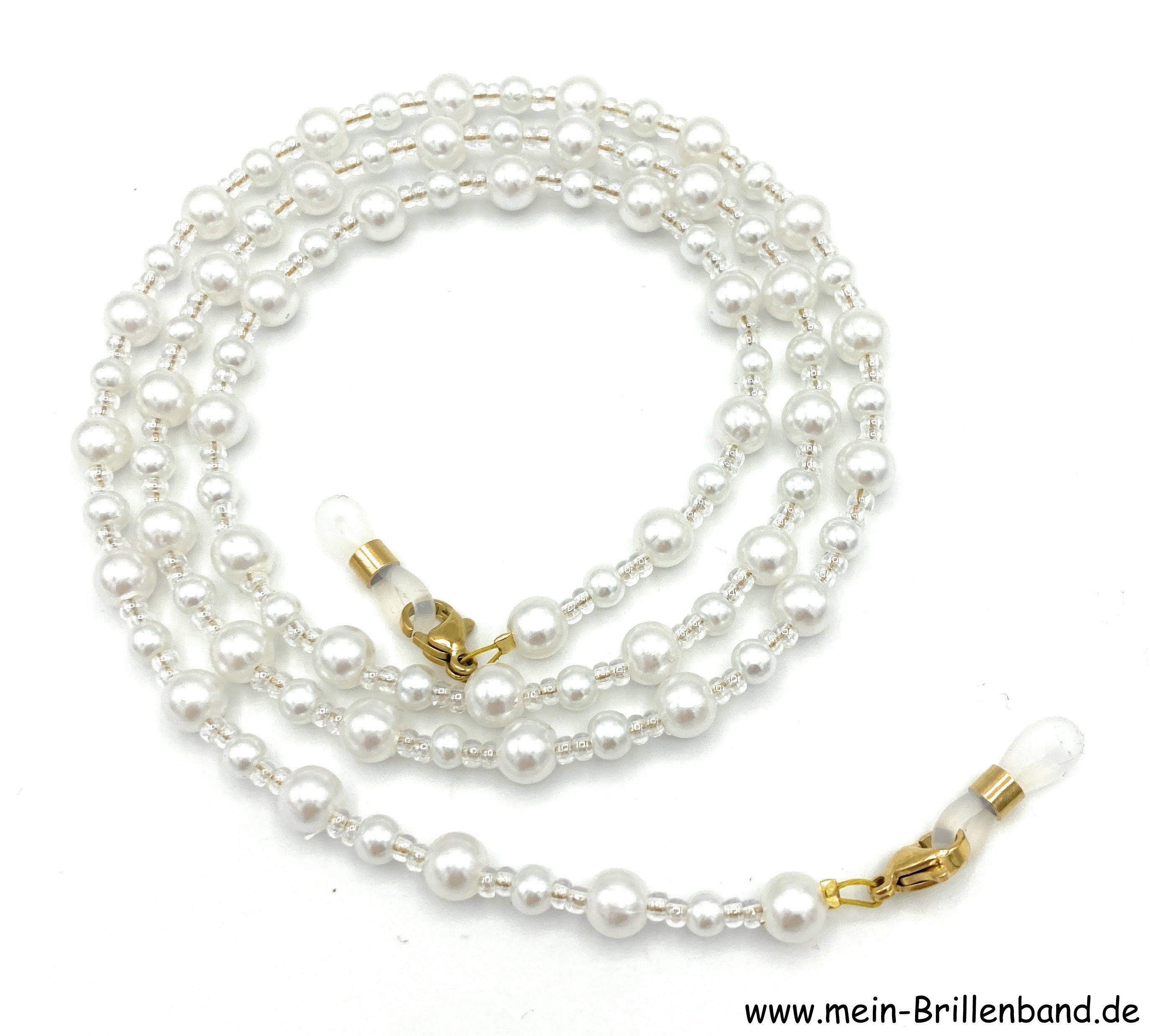 Brillenkette aus Glaswachsperlen & Rocailles – Weiß-Kristall