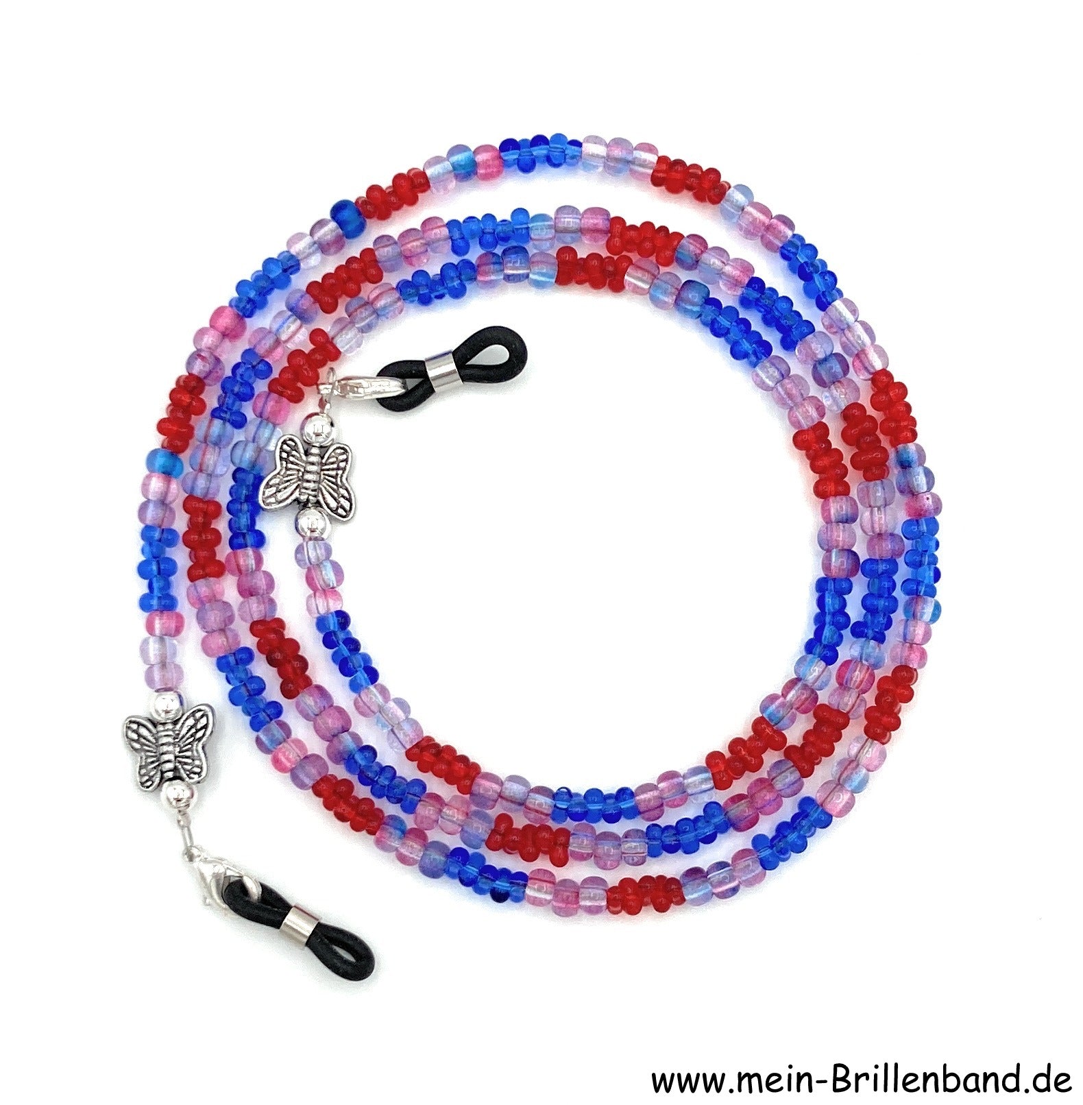 Brillenkette aus Schmetterlingsperlen & Metallperlen – Blau-Rot