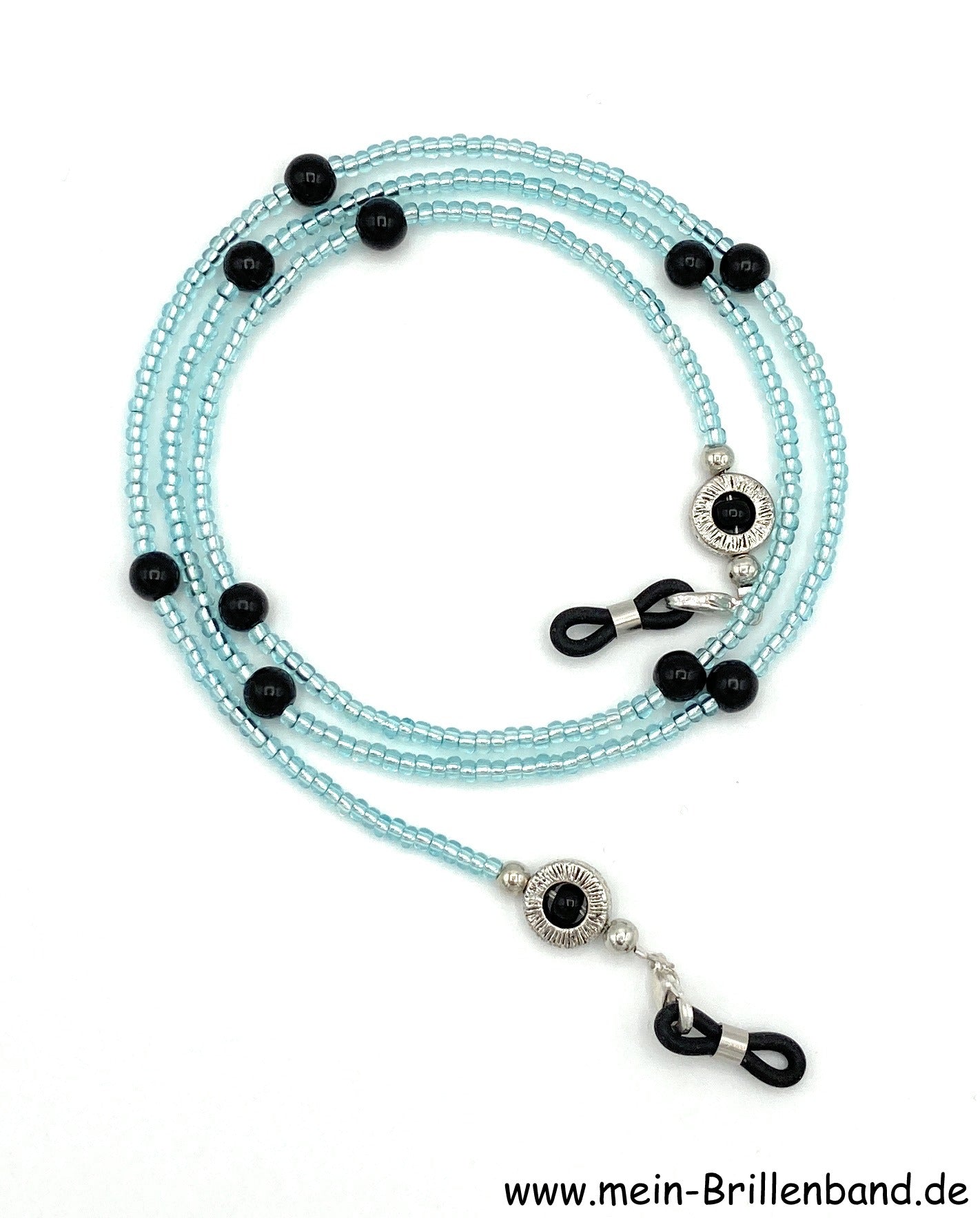 Brillenkette aus Rocailles & Metallperlen – Türkis-Schwarz