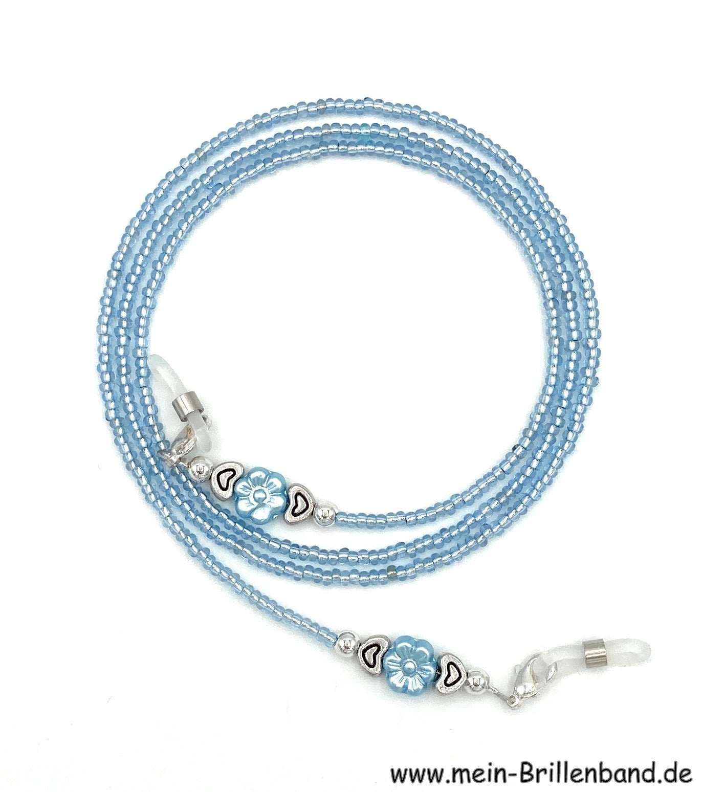 Brillenkette aus Glasblümchen & Rocailles – Hellblau