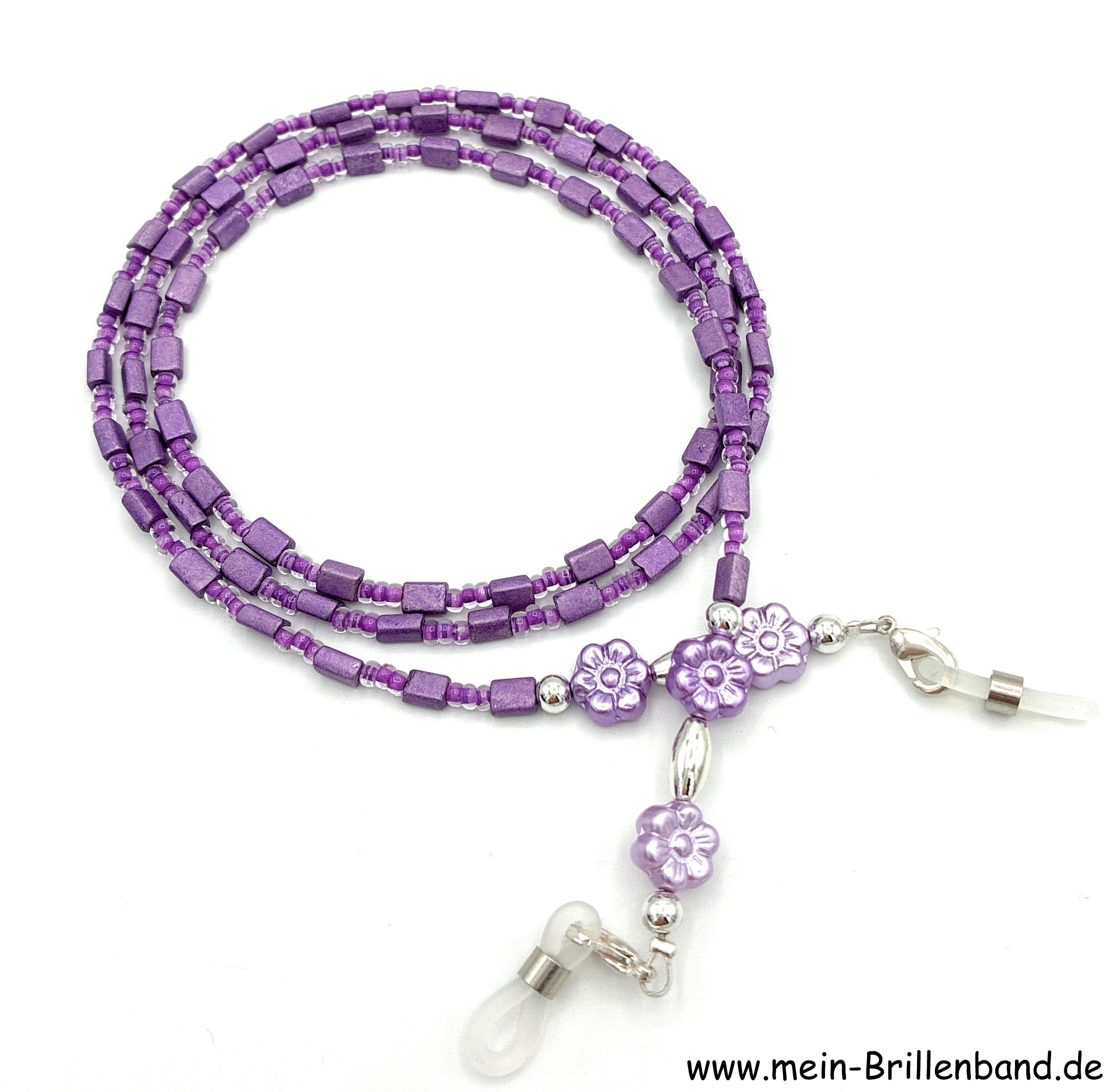 Brillenkette aus Glasblümchen & Rocailles – Lila