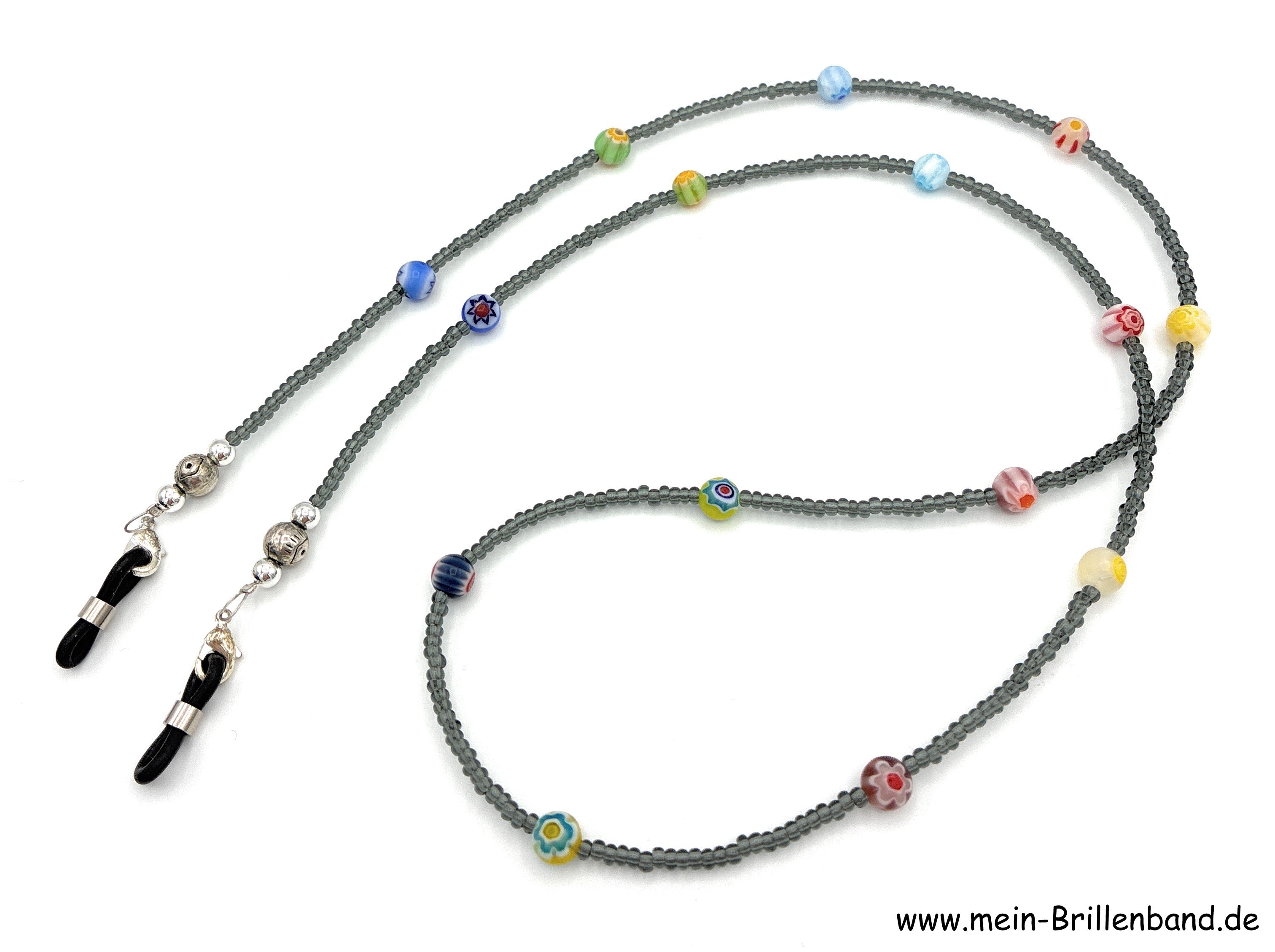 Brillenkette aus Rocailles & Metallperlen – Rauchquarz-Bunt