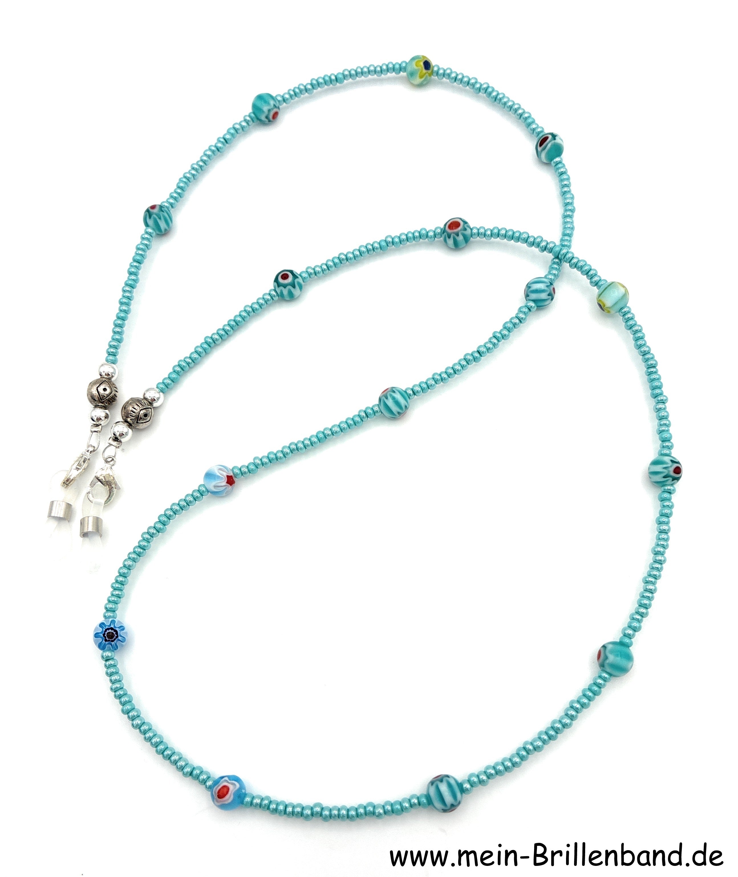 Brillenkette aus Rocailles & Metallperlen – Türkis