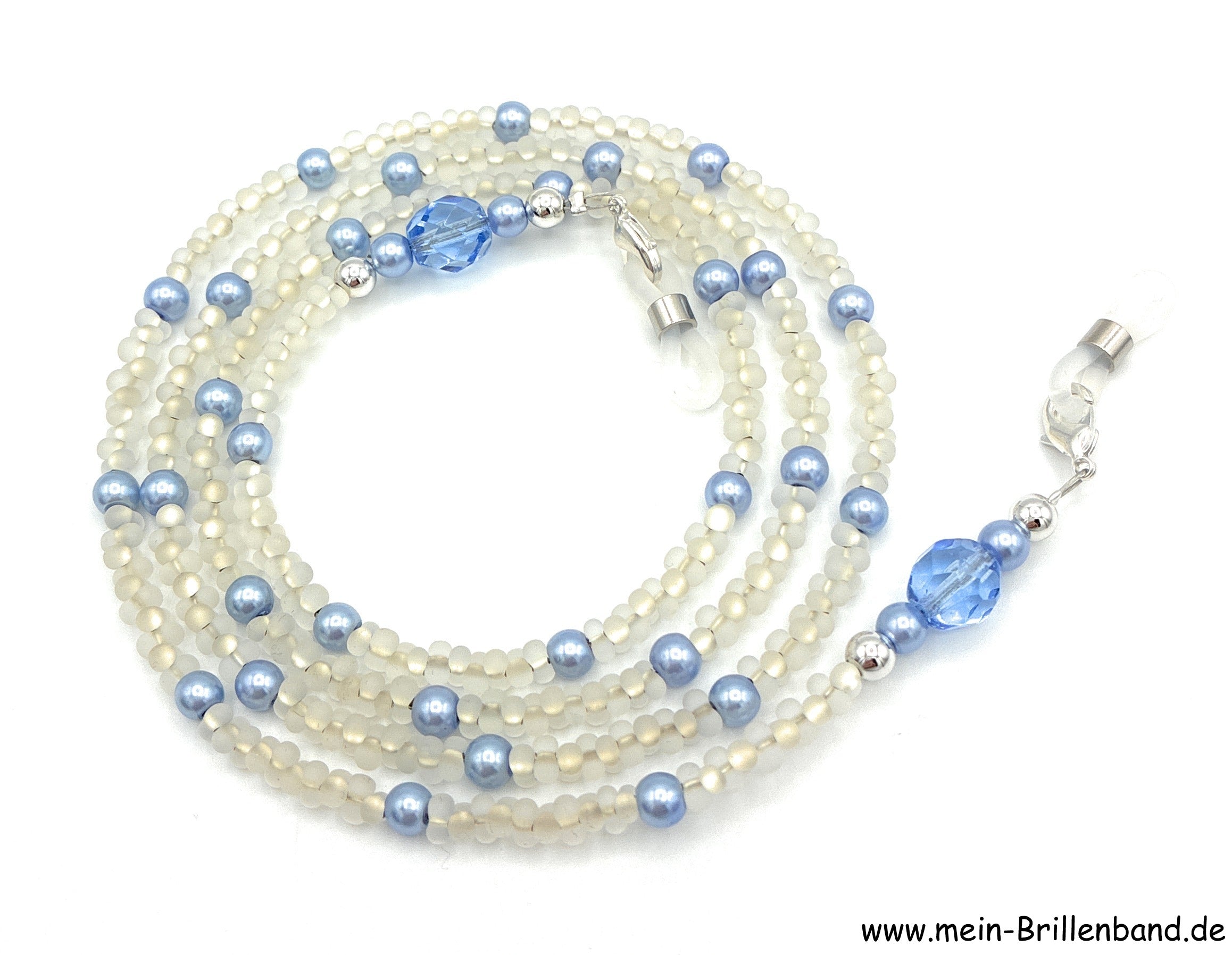 Brillenkette aus Glaswachsperlen & Glasschliffperlen – Farblos Matt-Hellblau