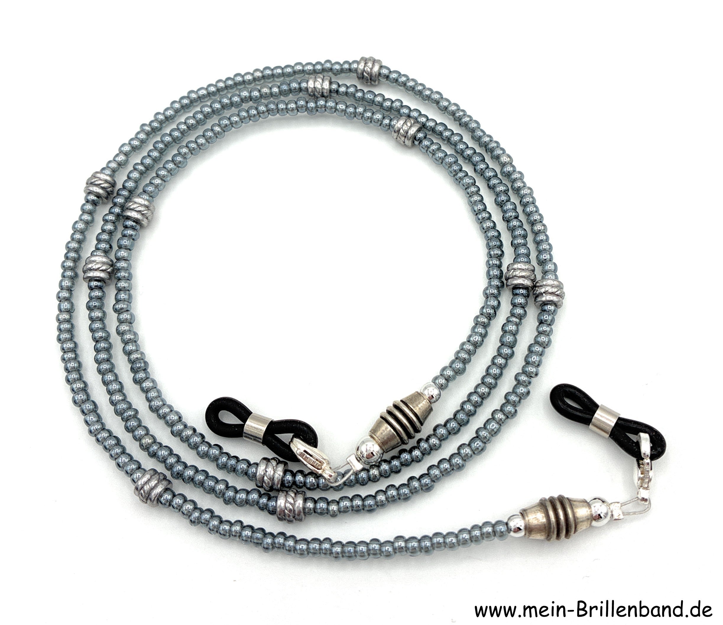 Brillenkette aus Rocailles & Metallperlen – Grau
