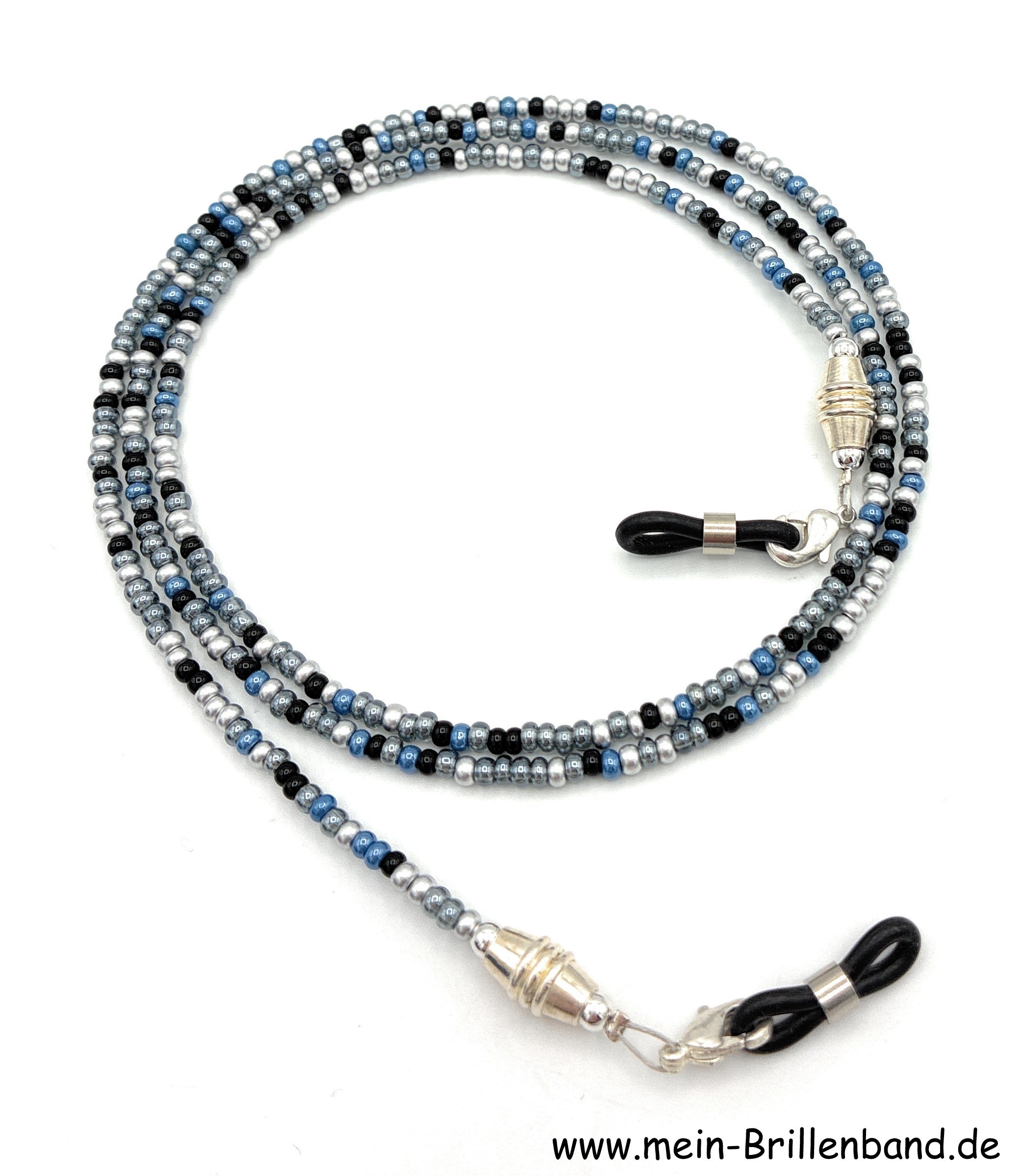 Brillenkette aus Rocailles & Metallperlen – Schwarz-Grau-Blau