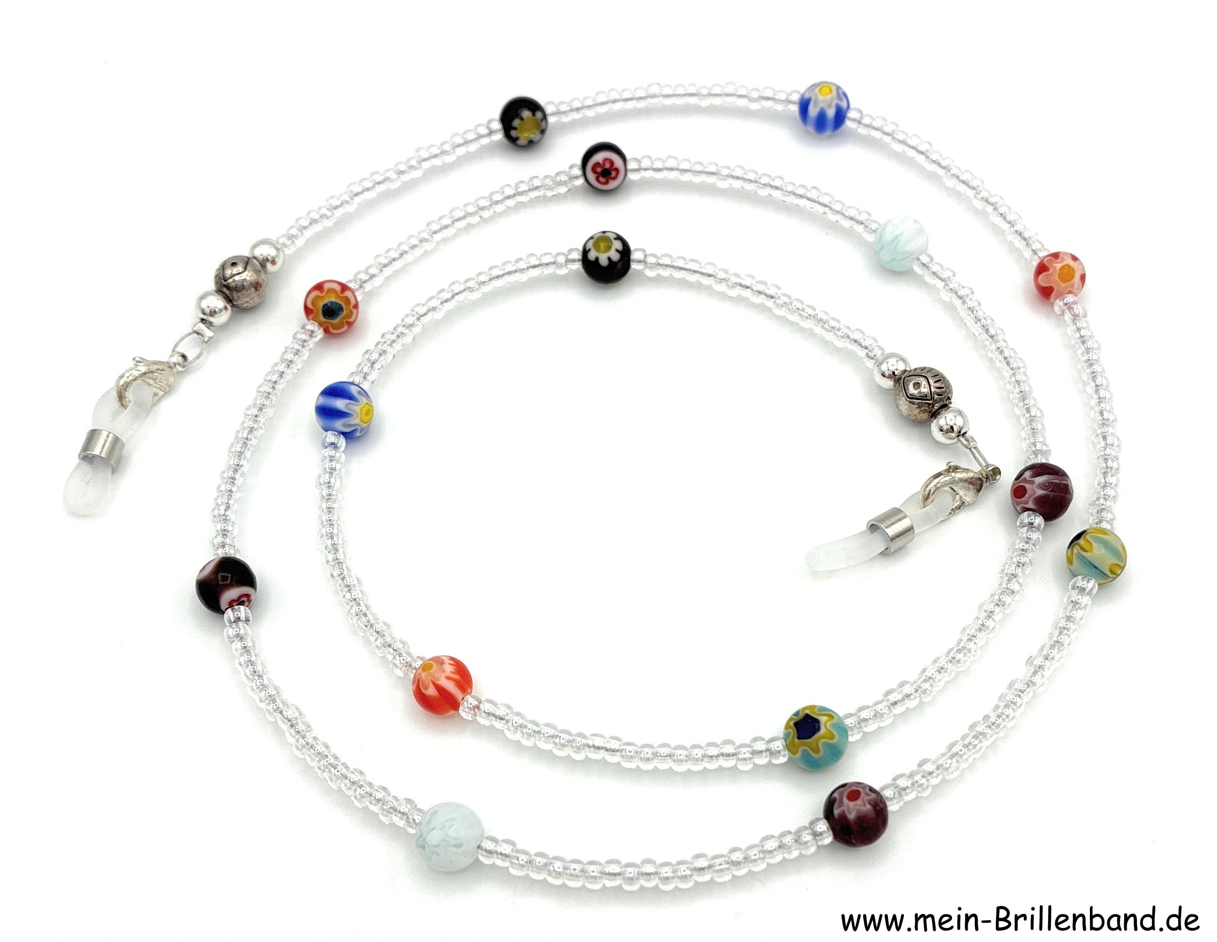 Brillenkette aus Millefiori-Perlen & Rocailles – Kristall-Bunt