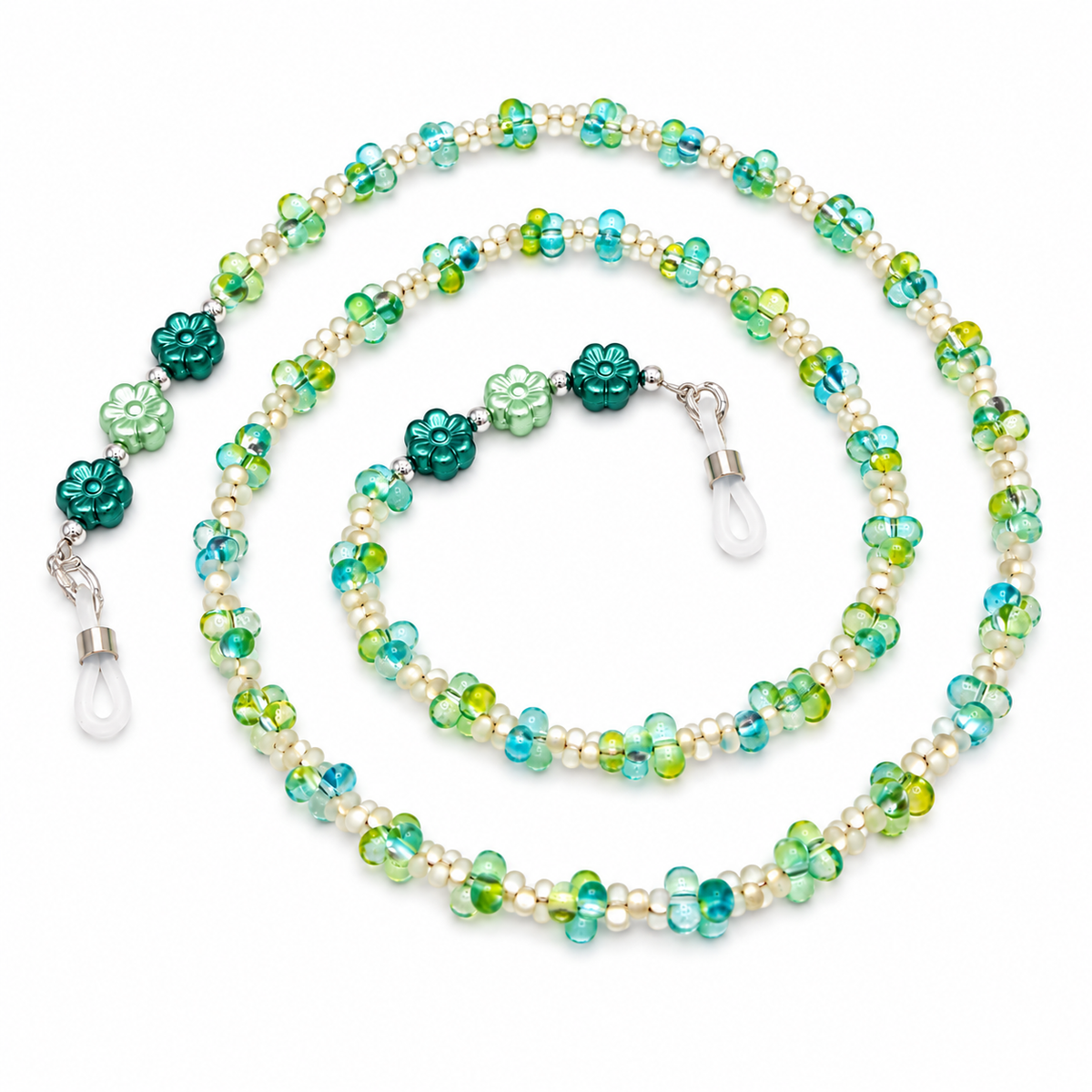 Brillenkette aus Schmetterlingsperlen & Glasblümchen - Farblos-Grün