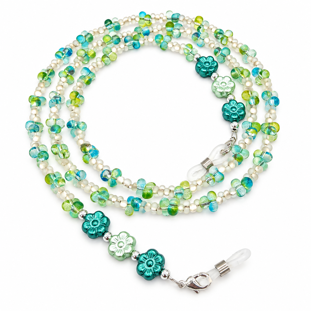 Brillenkette aus Schmetterlingsperlen & Glasblümchen - Farblos-Grün
