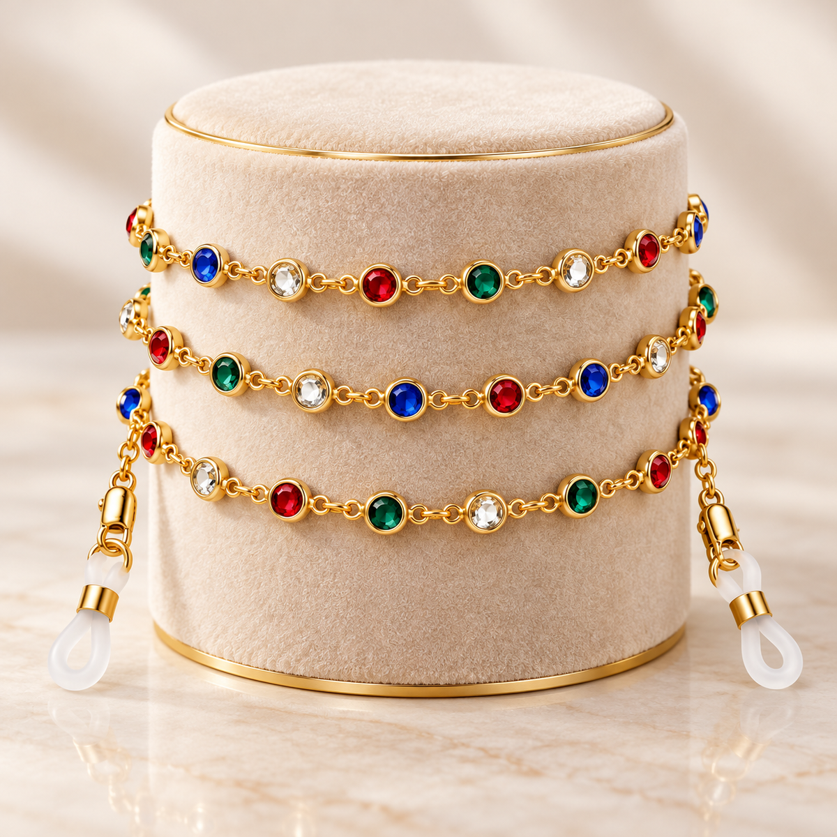 Catena per occhiali dorata con strass – oro-multicolore