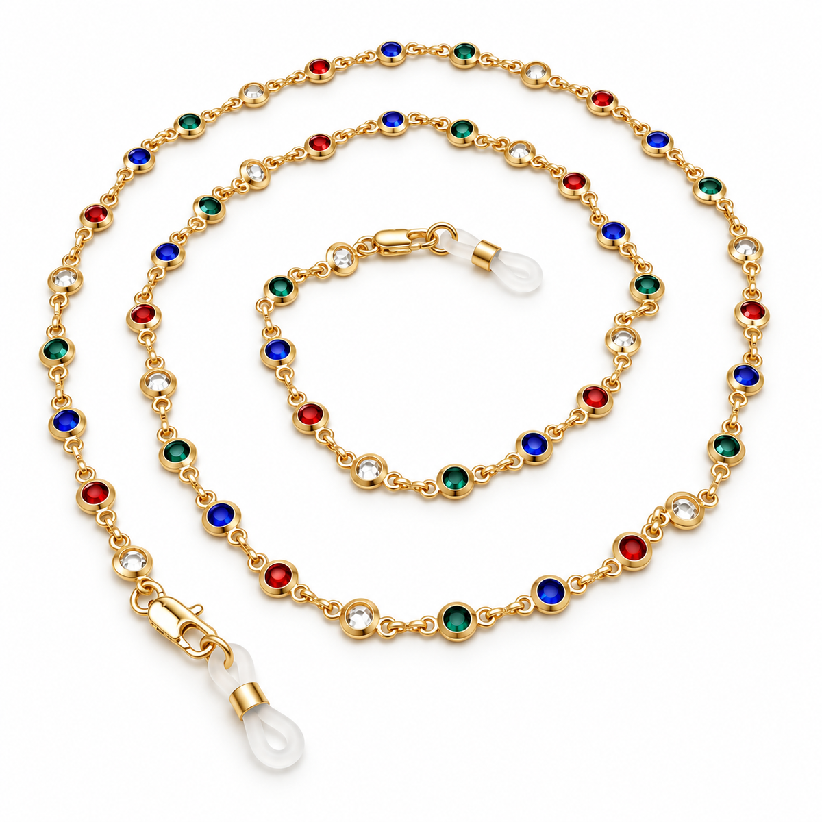 Catena per occhiali dorata con strass – oro-multicolore