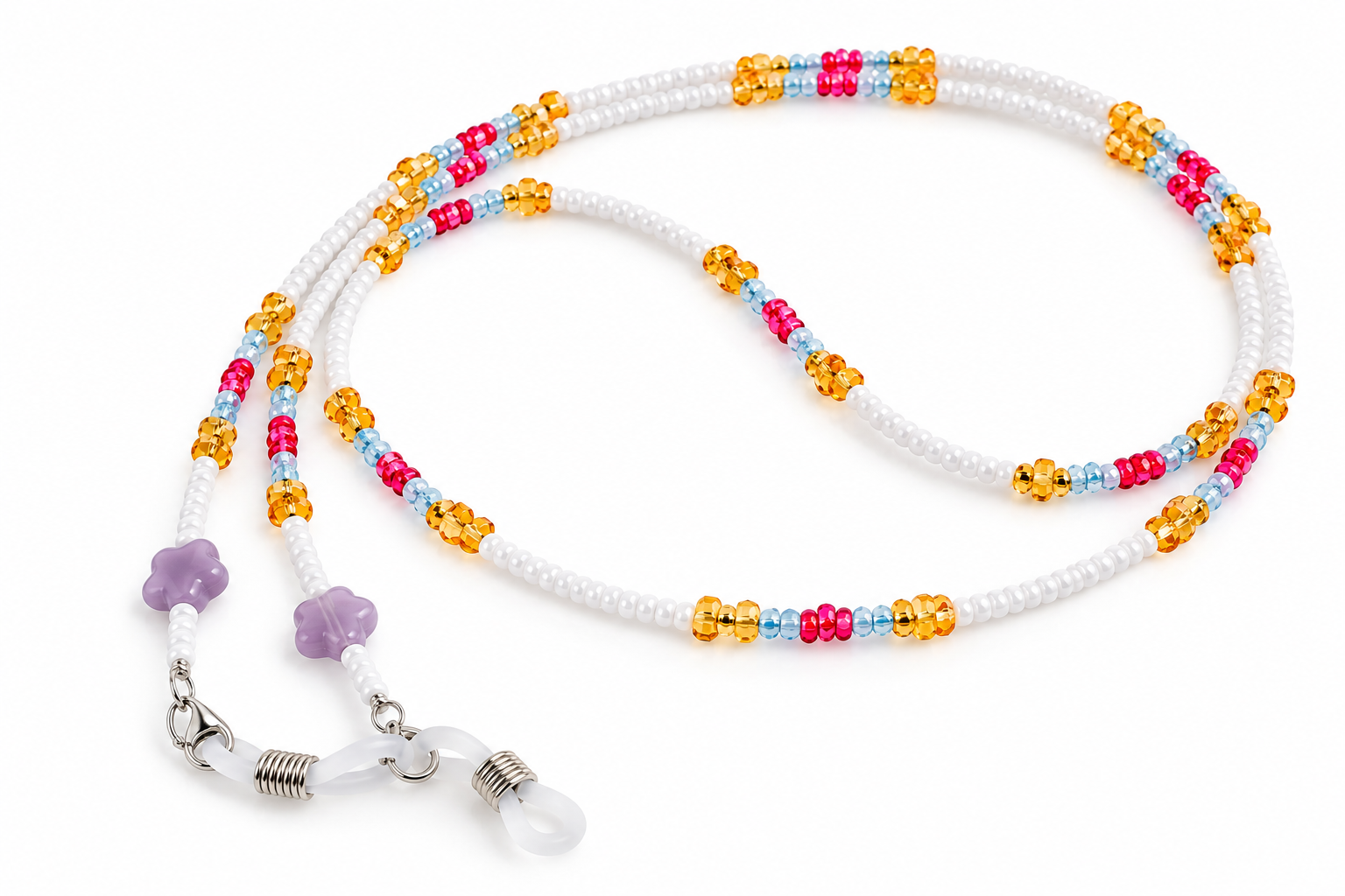 Brillenkette aus Glassternen & Glasperlen – Weiß-Bunt