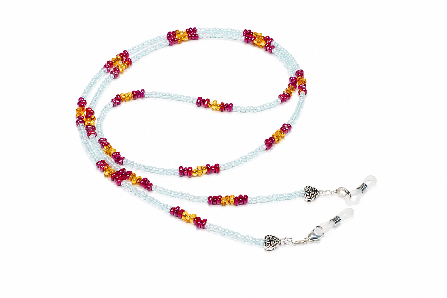 Brillenkette aus Rocailles & Metallperlen – Jade-Rot