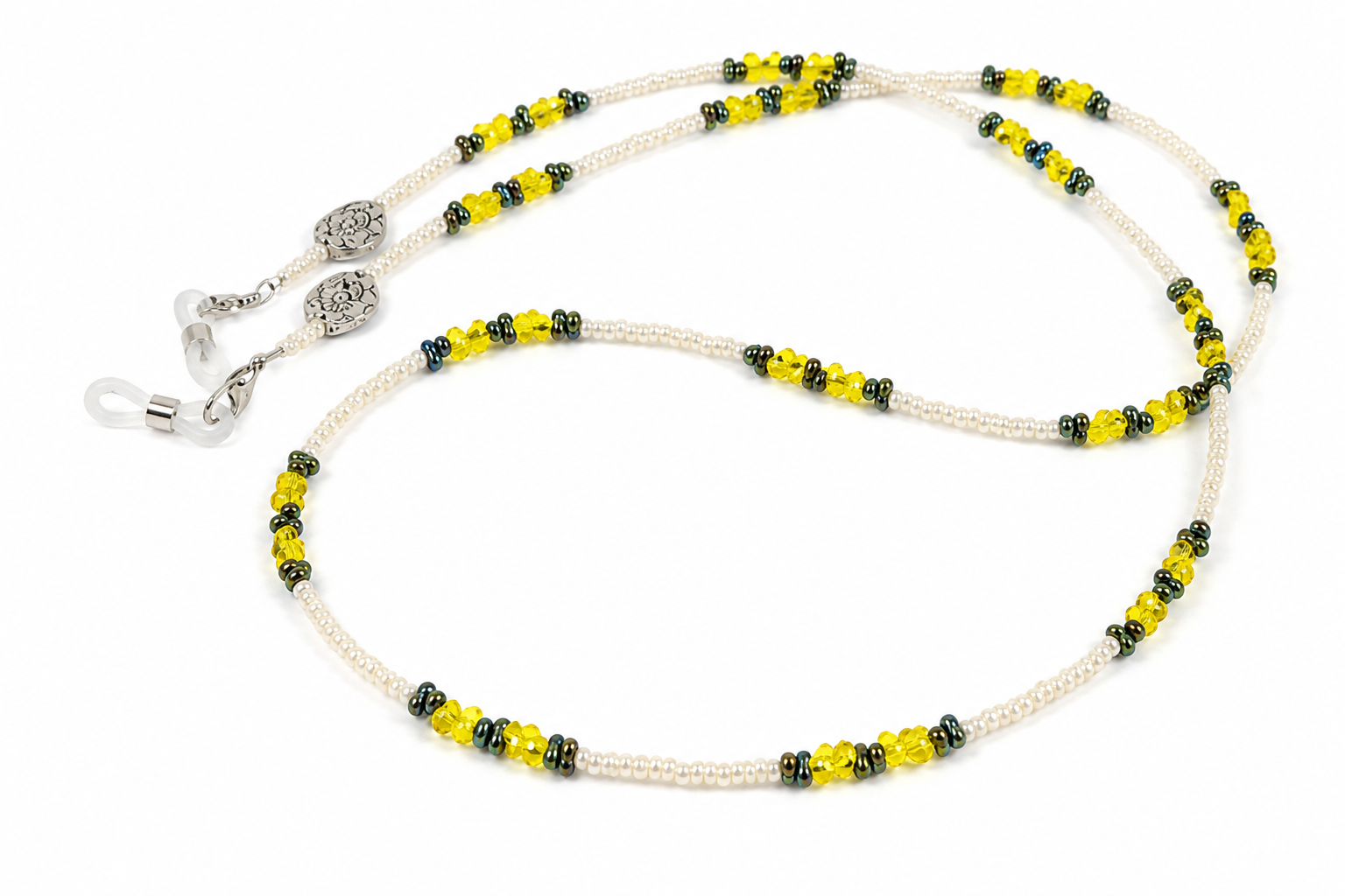 Brillenkette aus Metallperlen & Glasperlen – Champagner-Grün-Gelb