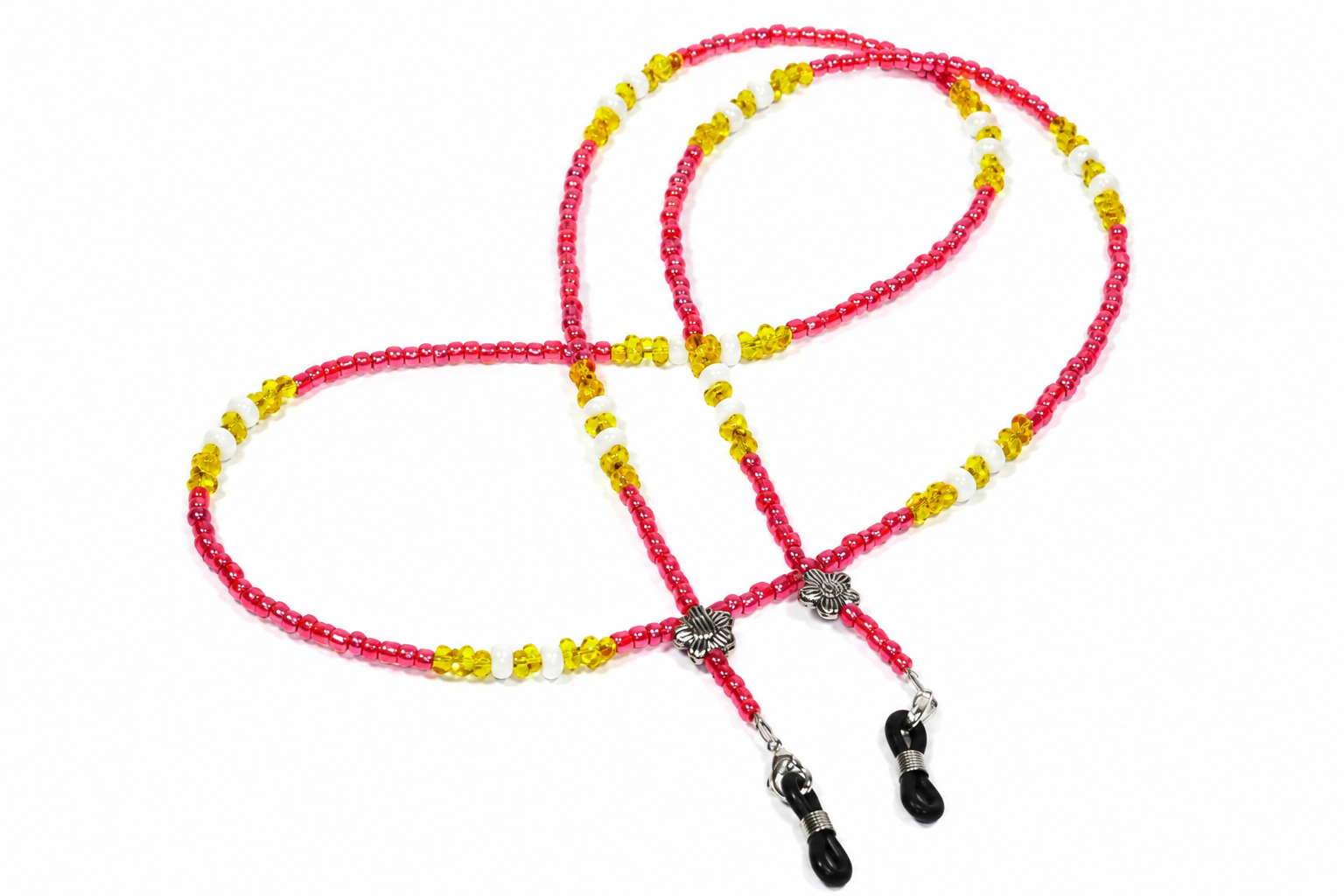 Brillenkette aus Rocailles & Metallperlen – Rot-Gelb