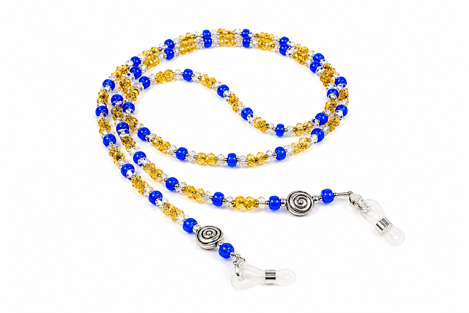 Brillenkette aus Schmetterlingsperlen & Rocailles – Kristall-Bernstein-Blau