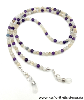 %Brillenkette - Brillenband aus Edelsteinen Achat und Amethyst "beige - lila"