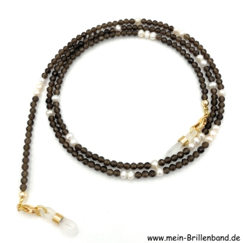 Brillenkette - Brillenband aus Rauchquarz Edelsteinperlen und Zuchtperlen "braun"