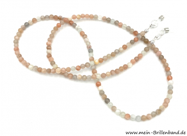 Brillenkette - Brillenband aus Mondstein- und Sonnenstein Edelsteinen "beige-weiß"