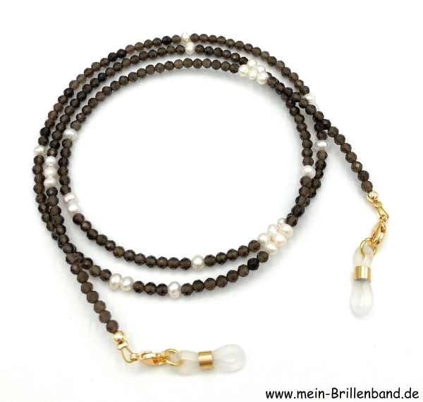 Brillenkette - Brillenband aus Rauchquarz Edelsteinperlen und Zuchtperlen "braun"