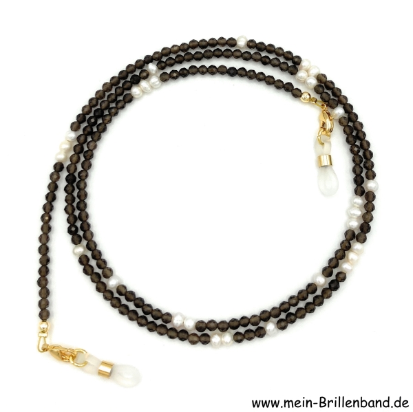 Brillenkette - Brillenband aus Rauchquarz Edelsteinperlen und Zuchtperlen "braun"