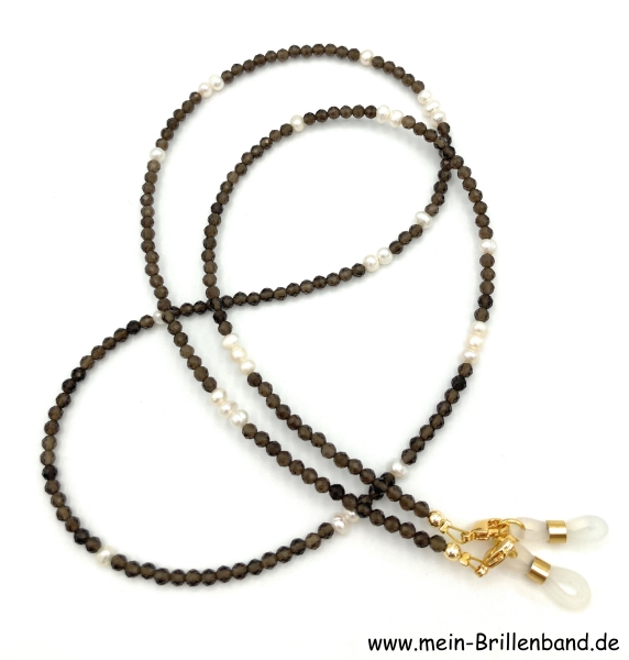Brillenkette - Brillenband aus Rauchquarz Edelsteinperlen und Zuchtperlen "braun"