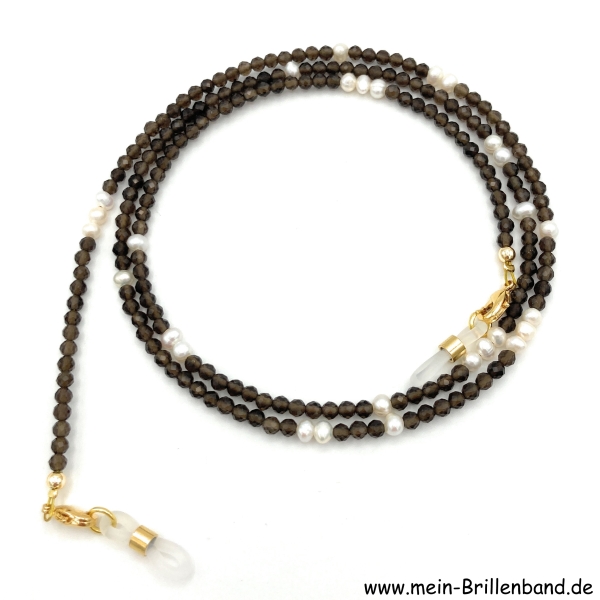 Brillenkette - Brillenband aus Rauchquarz Edelsteinperlen und Zuchtperlen "braun"