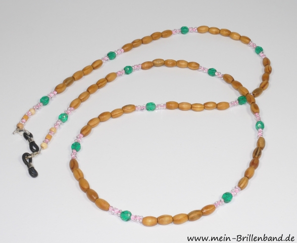 %Brillenkette - Brillenband aus Holzperlen - Glasperlen "braun-grün-rosa"