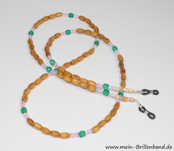 %Brillenkette - Brillenband aus Holzperlen - Glasperlen "braun-grün-rosa"